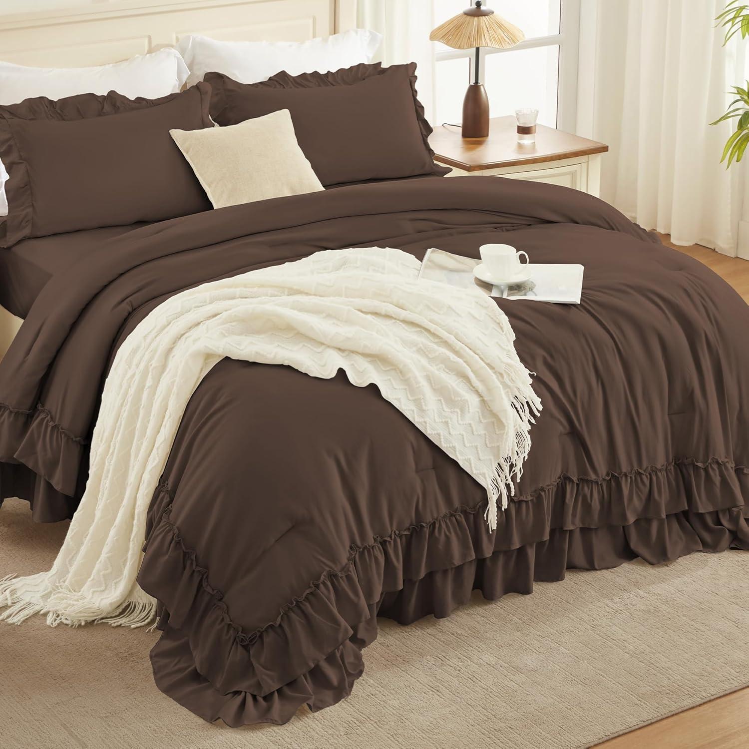 imageAndency White Ruffle Comforter Full Set 3pcs Vintage Farmhouse Shabby Chic Bedding Comforter Set Soft Lightweight Fluffy Bed Comforter Sets All Season Bedding SetBrown