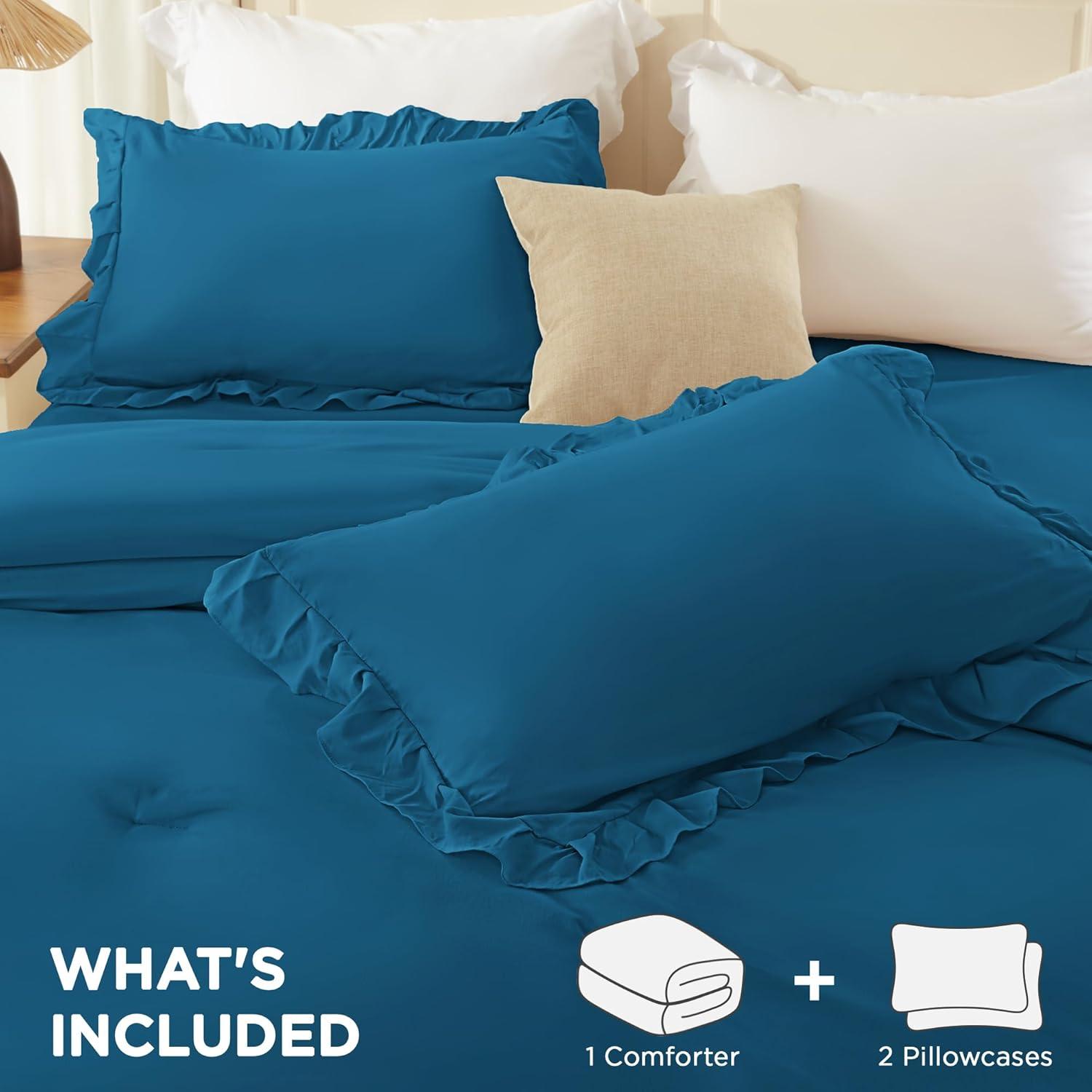 imageAndency White Ruffle Comforter Full Set 3pcs Vintage Farmhouse Shabby Chic Bedding Comforter Set Soft Lightweight Fluffy Bed Comforter Sets All Season Bedding SetTeal