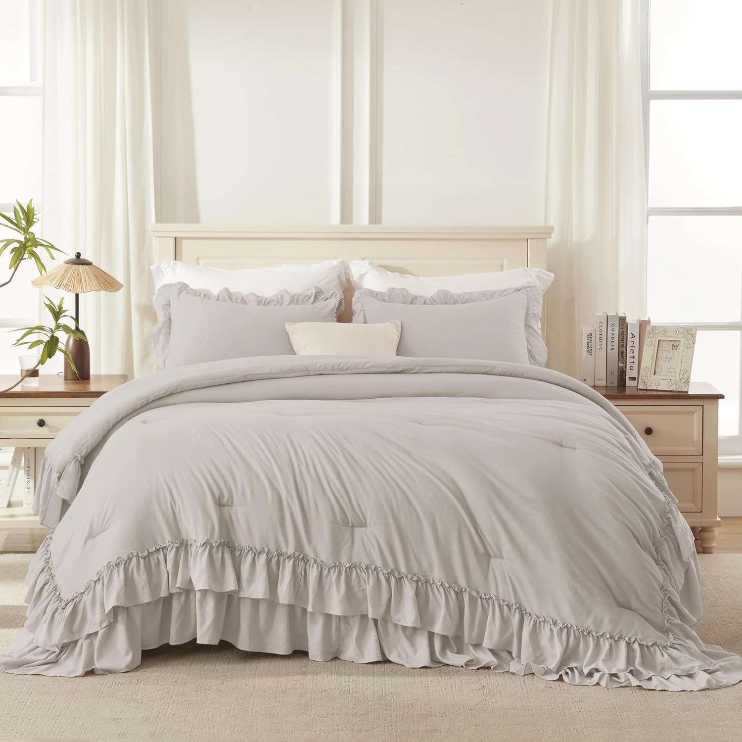 imageAndency White Ruffle Comforter Full Set 3pcs Vintage Farmhouse Shabby Chic Bedding Comforter Set Soft Lightweight Fluffy Bed Comforter Sets All Season Bedding SetLinen