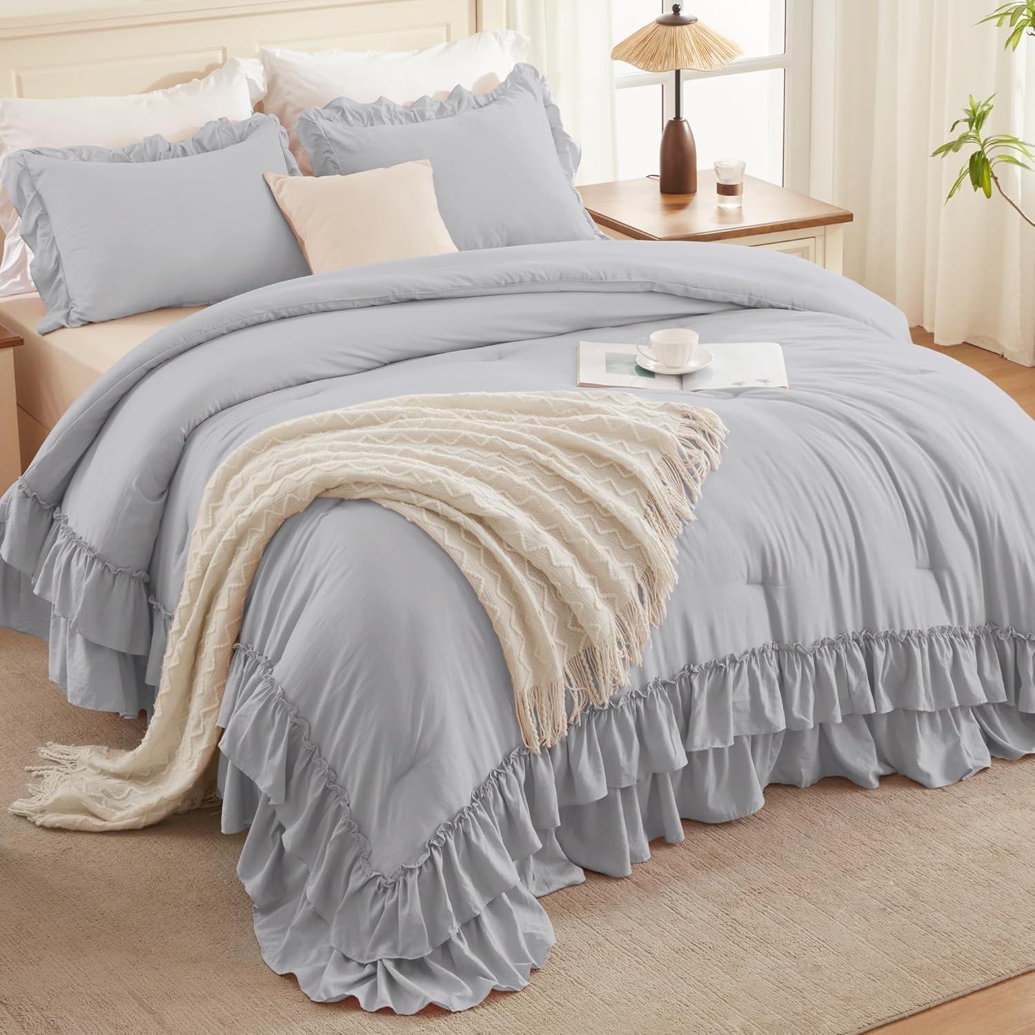 imageAndency White Ruffle Comforter Full Set 3pcs Vintage Farmhouse Shabby Chic Bedding Comforter Set Soft Lightweight Fluffy Bed Comforter Sets All Season Bedding SetLight Gray