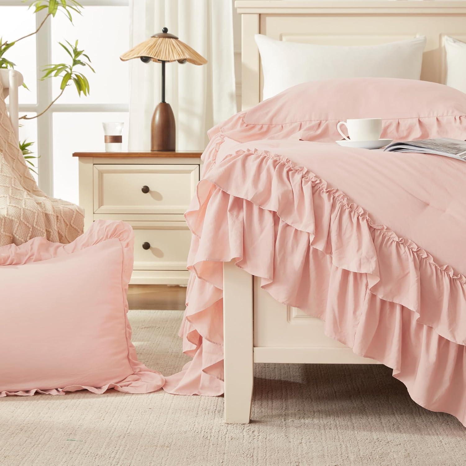 imageAndency White Ruffle Comforter Full Set 3pcs Vintage Farmhouse Shabby Chic Bedding Comforter Set Soft Lightweight Fluffy Bed Comforter Sets All Season Bedding SetBlush