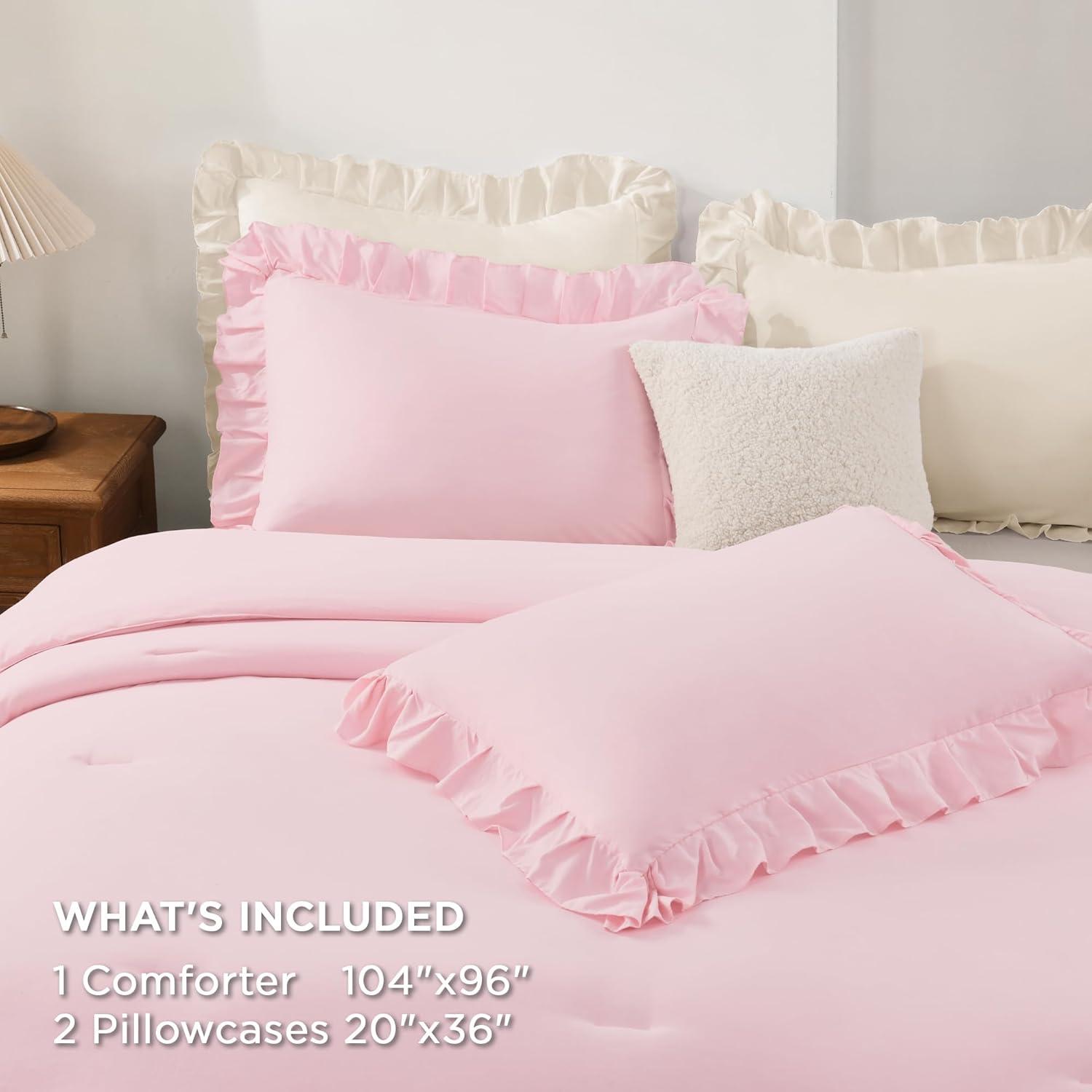imageAndency White Ruffle Comforter Full Set 3pcs Vintage Farmhouse Shabby Chic Bedding Comforter Set Soft Lightweight Fluffy Bed Comforter Sets All Season Bedding SetPink