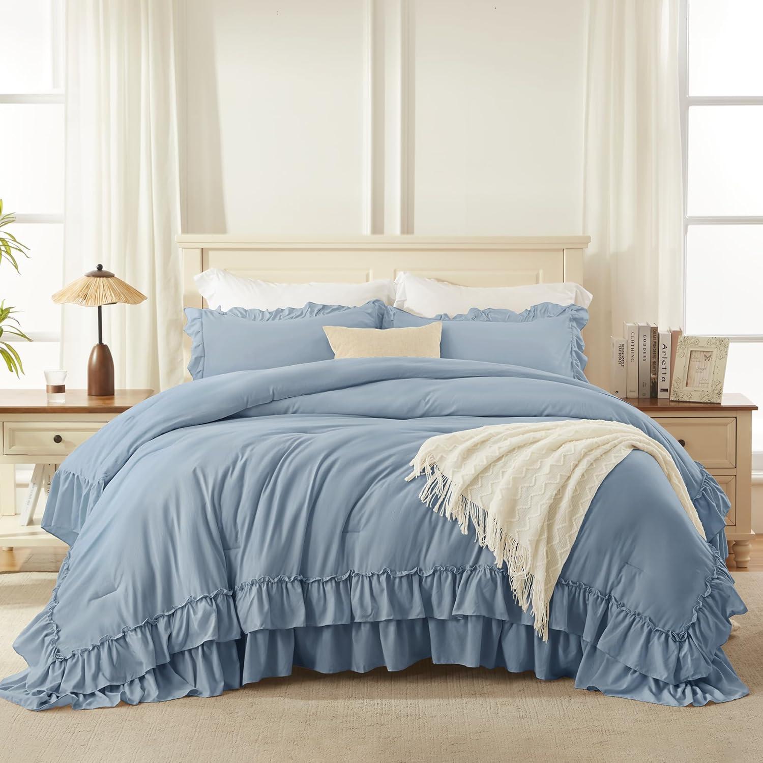 imageAndency White Ruffle Comforter Full Set 3pcs Vintage Farmhouse Shabby Chic Bedding Comforter Set Soft Lightweight Fluffy Bed Comforter Sets All Season Bedding SetGrayish Blue