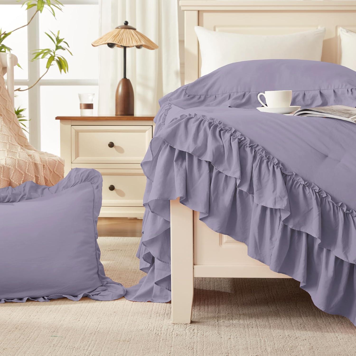 imageAndency White Ruffle Comforter Full Set 3pcs Vintage Farmhouse Shabby Chic Bedding Comforter Set Soft Lightweight Fluffy Bed Comforter Sets All Season Bedding SetGrayish Purple