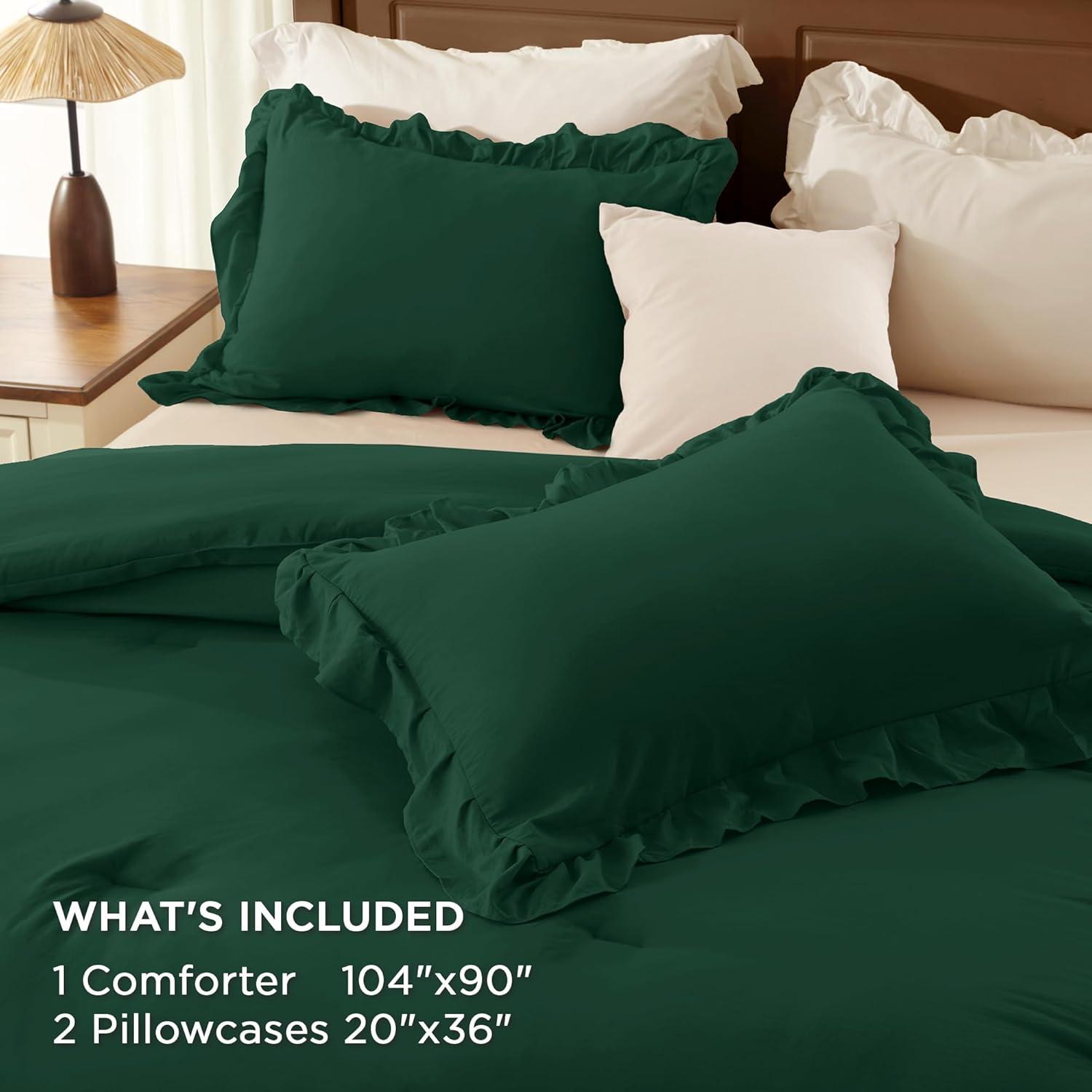 imageAndency White Ruffle Comforter Full Set 3pcs Vintage Farmhouse Shabby Chic Bedding Comforter Set Soft Lightweight Fluffy Bed Comforter Sets All Season Bedding SetDark Green