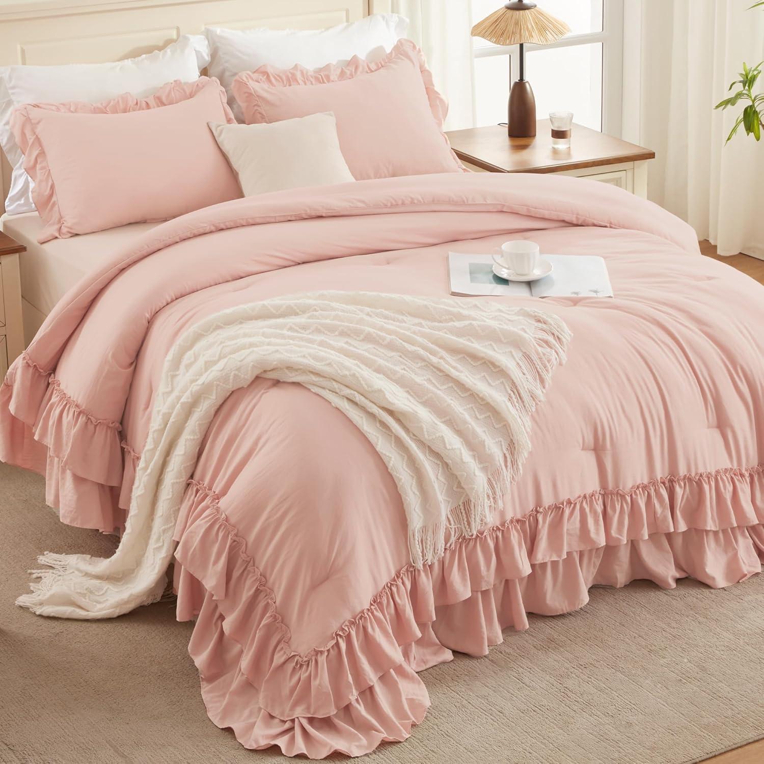 imageAndency White Ruffle Comforter Full Set 3pcs Vintage Farmhouse Shabby Chic Bedding Comforter Set Soft Lightweight Fluffy Bed Comforter Sets All Season Bedding SetBlush