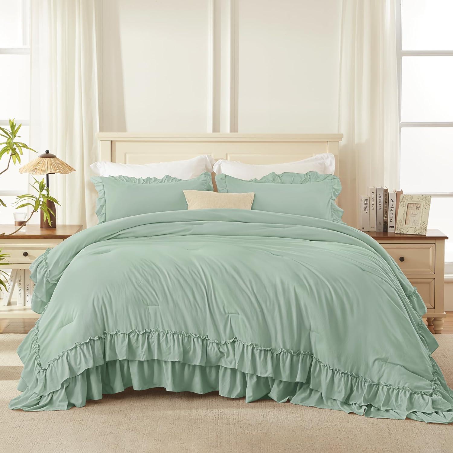 imageAndency White Ruffle Comforter Full Set 3pcs Vintage Farmhouse Shabby Chic Bedding Comforter Set Soft Lightweight Fluffy Bed Comforter Sets All Season Bedding SetSage