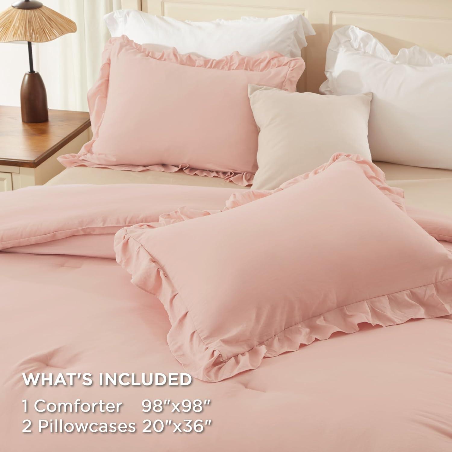imageAndency White Ruffle Comforter Full Set 3pcs Vintage Farmhouse Shabby Chic Bedding Comforter Set Soft Lightweight Fluffy Bed Comforter Sets All Season Bedding SetBlush