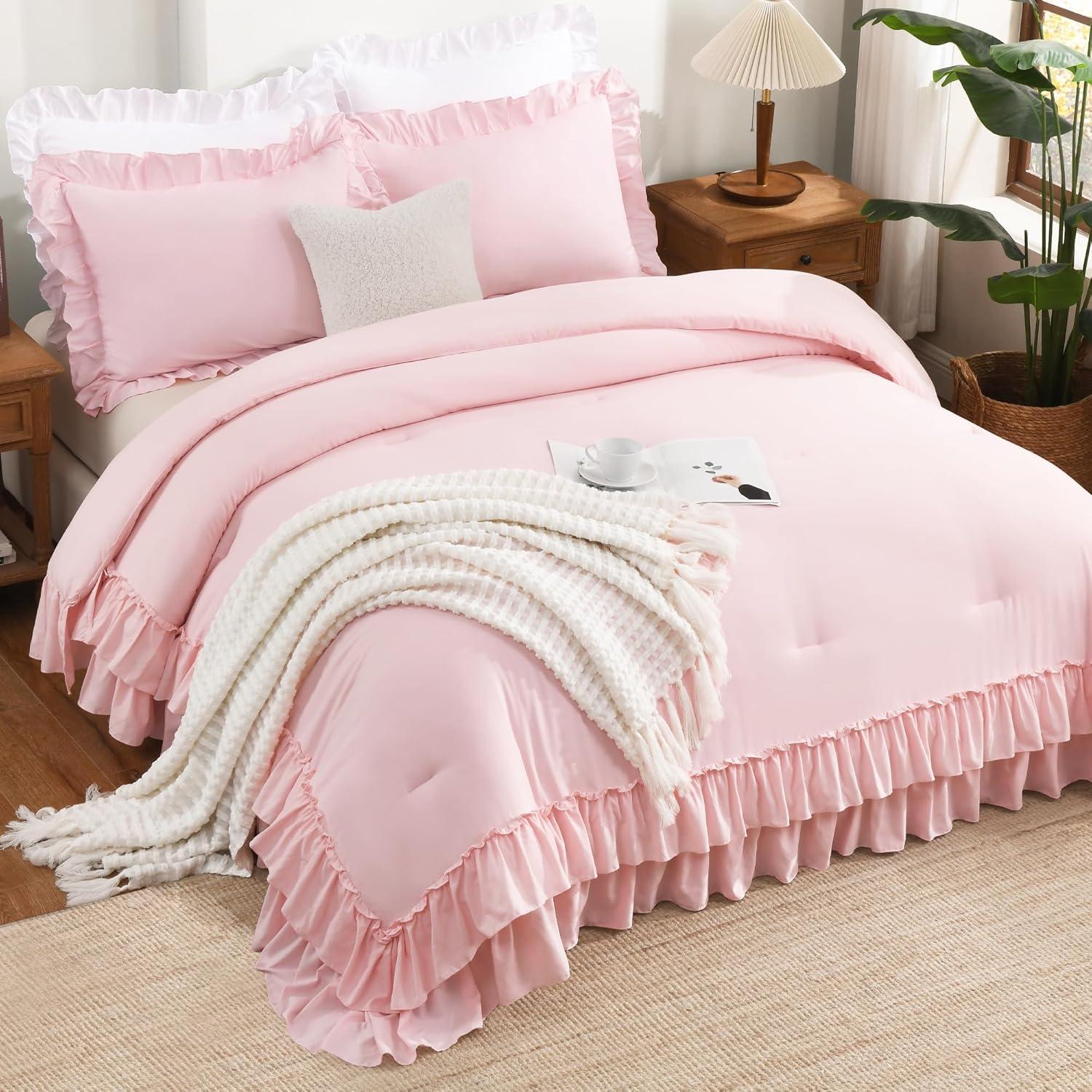 imageAndency White Ruffle Comforter Full Set 3pcs Vintage Farmhouse Shabby Chic Bedding Comforter Set Soft Lightweight Fluffy Bed Comforter Sets All Season Bedding SetPink