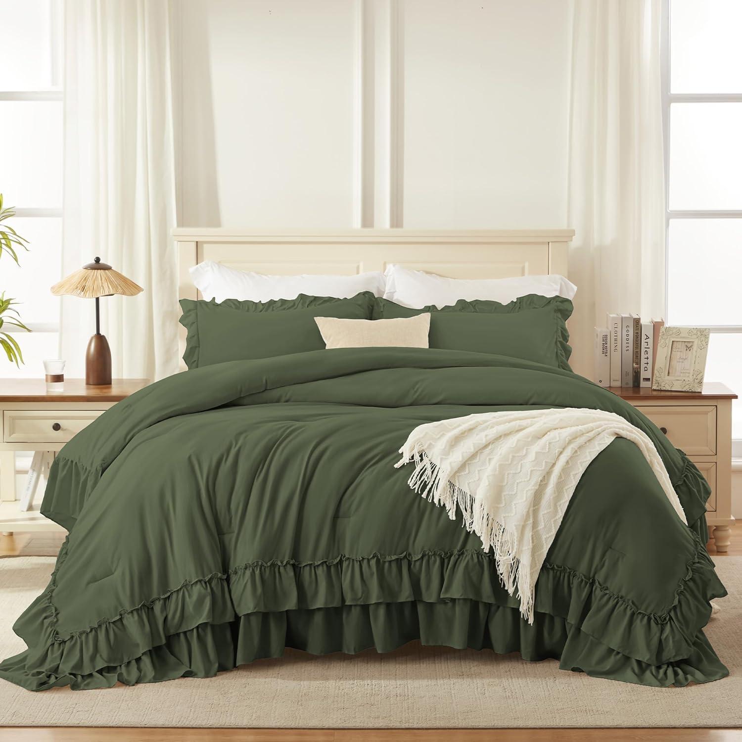 imageAndency White Ruffle Comforter Full Set 3pcs Vintage Farmhouse Shabby Chic Bedding Comforter Set Soft Lightweight Fluffy Bed Comforter Sets All Season Bedding SetOlive