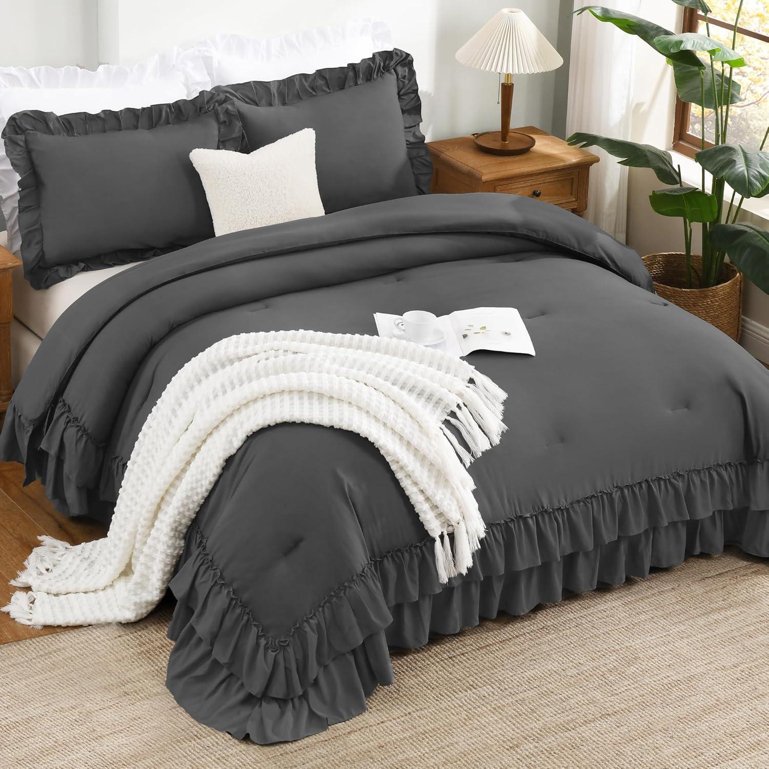 imageAndency White Ruffle Comforter Full Set 3pcs Vintage Farmhouse Shabby Chic Bedding Comforter Set Soft Lightweight Fluffy Bed Comforter Sets All Season Bedding SetDark Grey