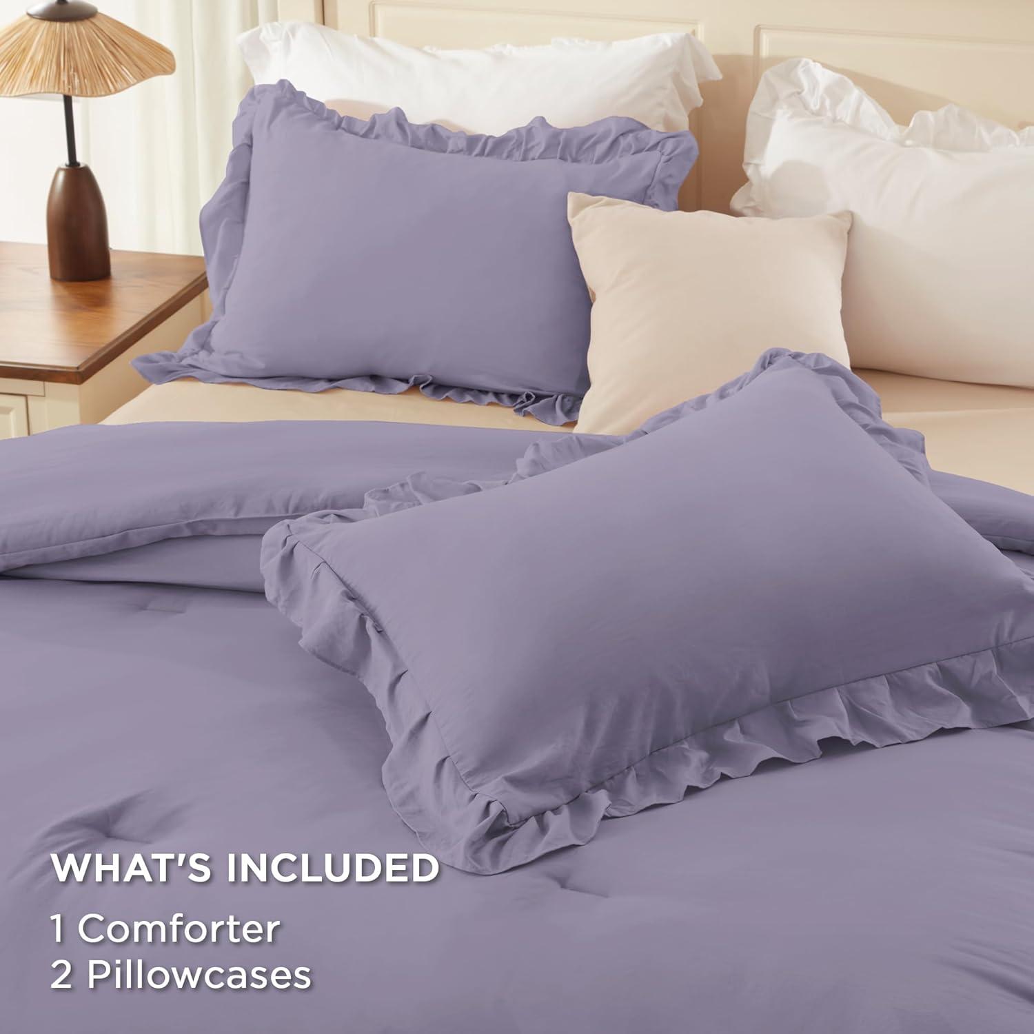 imageAndency White Ruffle Comforter Full Set 3pcs Vintage Farmhouse Shabby Chic Bedding Comforter Set Soft Lightweight Fluffy Bed Comforter Sets All Season Bedding SetGrayish Purple