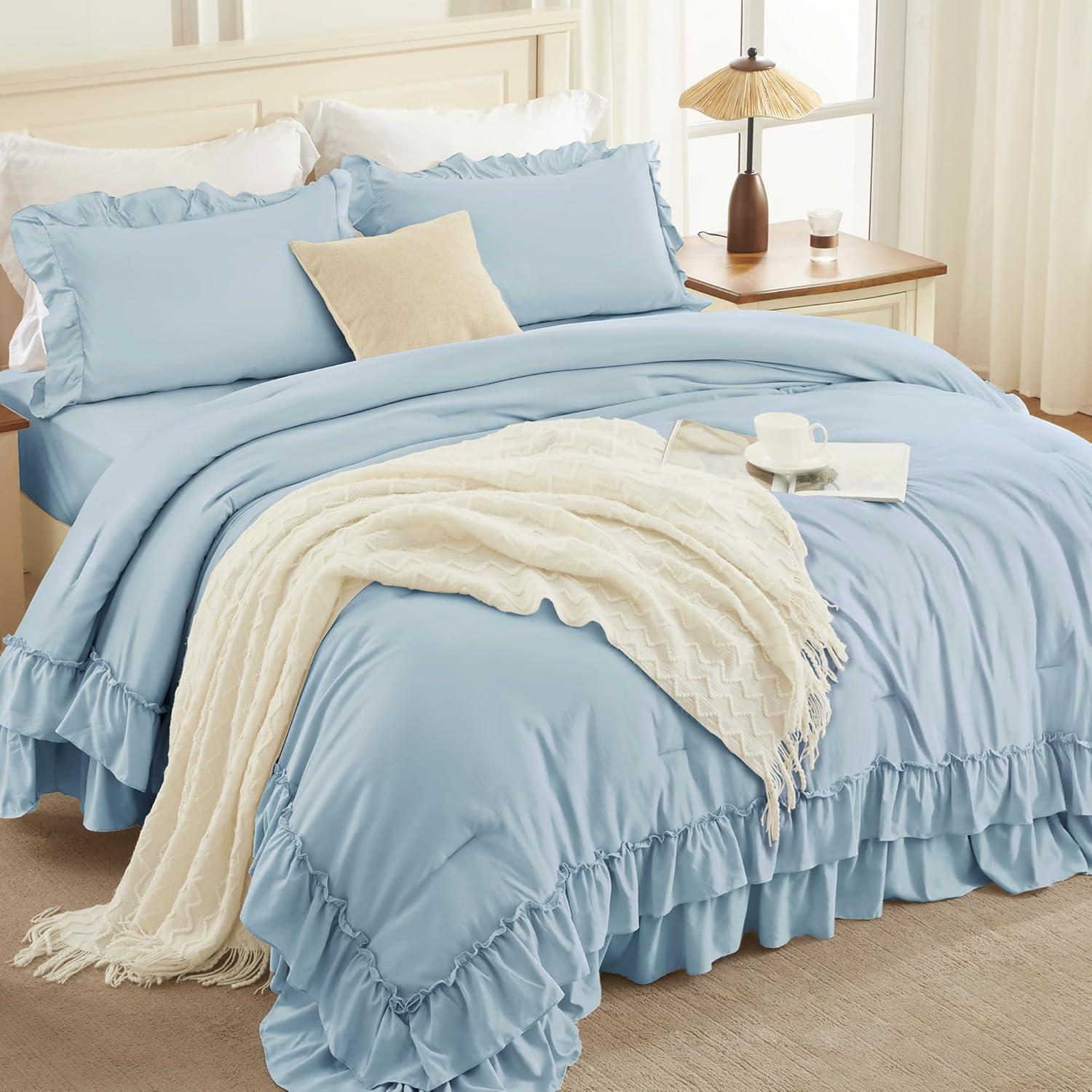 imageAndency White Ruffle Comforter Full Set 3pcs Vintage Farmhouse Shabby Chic Bedding Comforter Set Soft Lightweight Fluffy Bed Comforter Sets All Season Bedding SetLight Blue