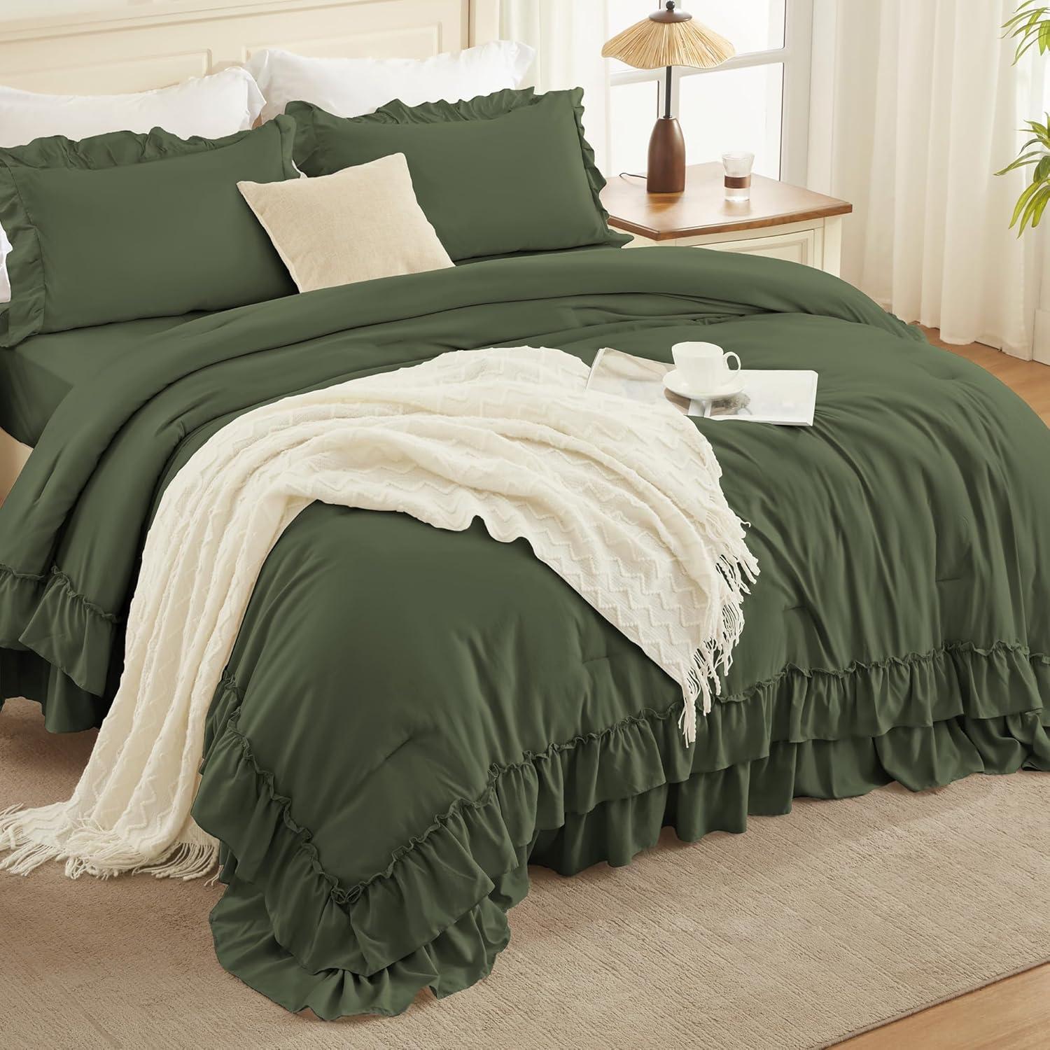 imageAndency White Ruffle Comforter Full Set 3pcs Vintage Farmhouse Shabby Chic Bedding Comforter Set Soft Lightweight Fluffy Bed Comforter Sets All Season Bedding SetOlive