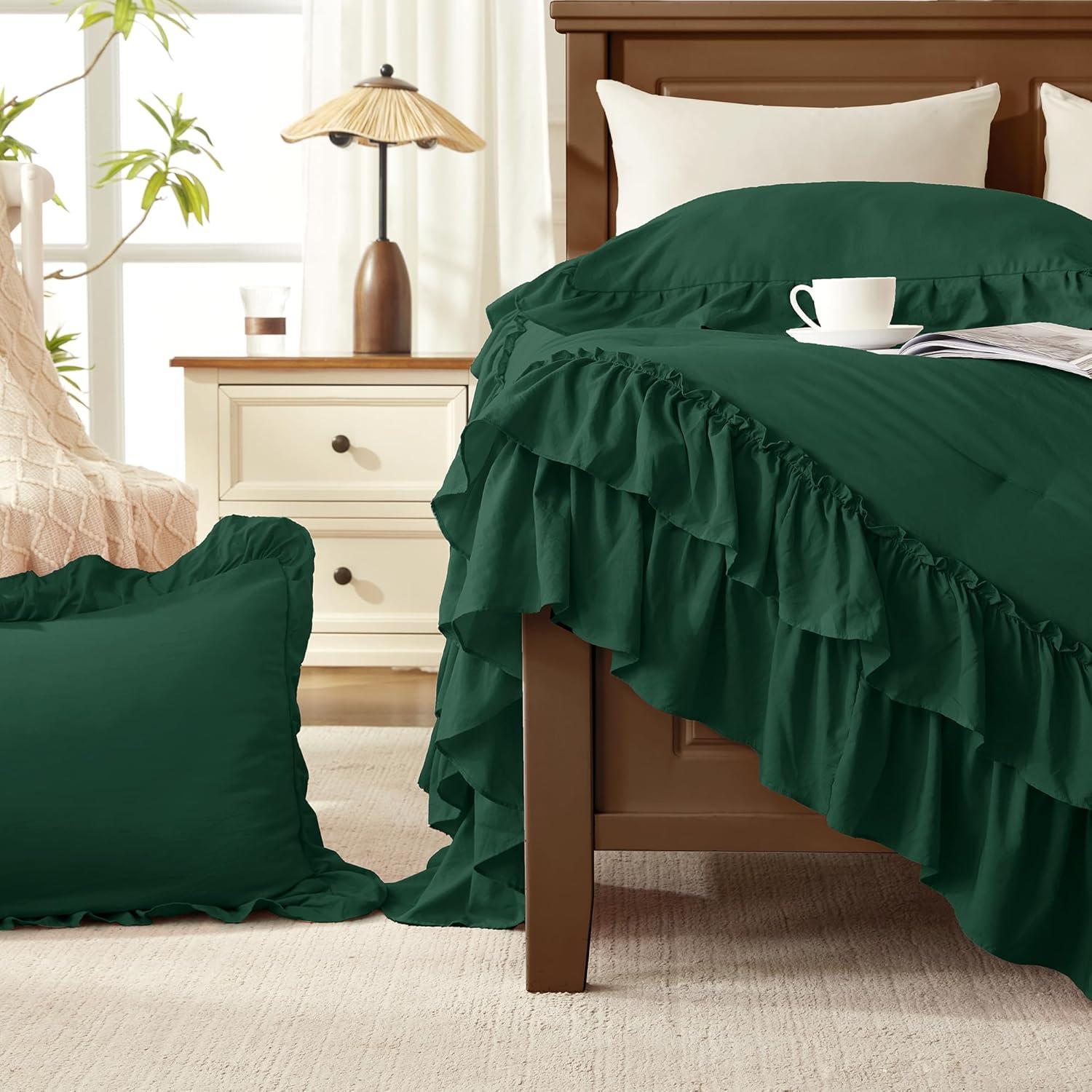 imageAndency White Ruffle Comforter Full Set 3pcs Vintage Farmhouse Shabby Chic Bedding Comforter Set Soft Lightweight Fluffy Bed Comforter Sets All Season Bedding SetDark Green