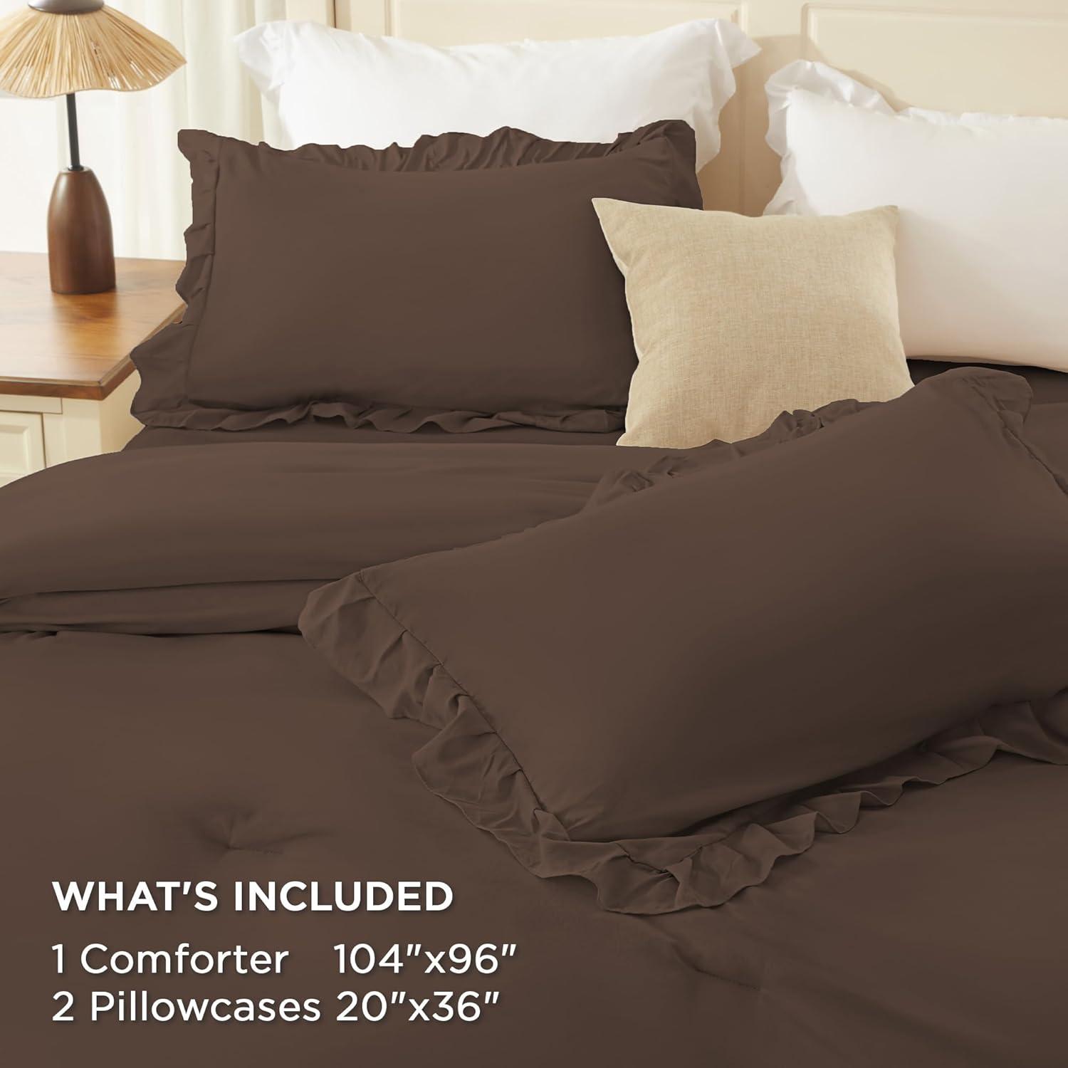 imageAndency White Ruffle Comforter Full Set 3pcs Vintage Farmhouse Shabby Chic Bedding Comforter Set Soft Lightweight Fluffy Bed Comforter Sets All Season Bedding SetBrown