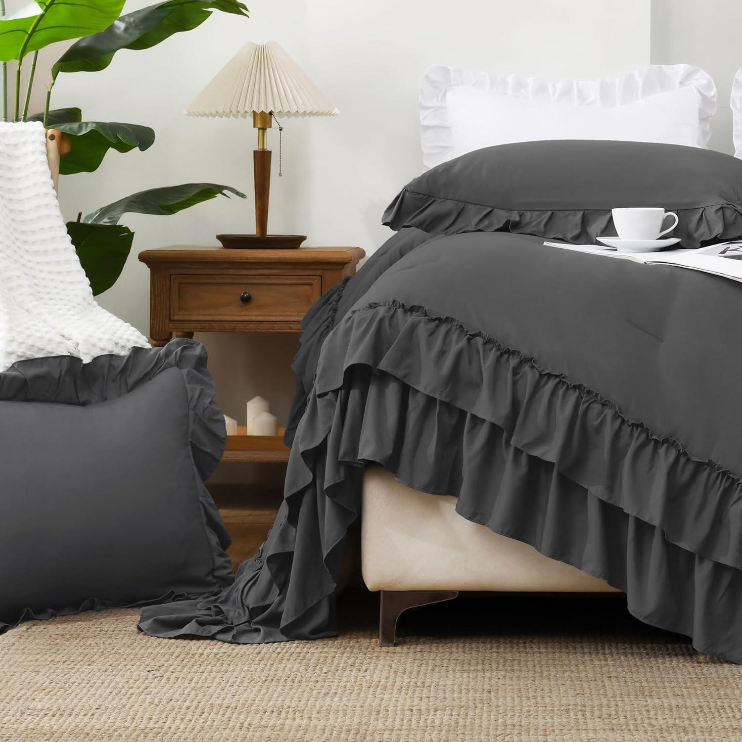 imageAndency White Ruffle Comforter Full Set 3pcs Vintage Farmhouse Shabby Chic Bedding Comforter Set Soft Lightweight Fluffy Bed Comforter Sets All Season Bedding SetDark Grey
