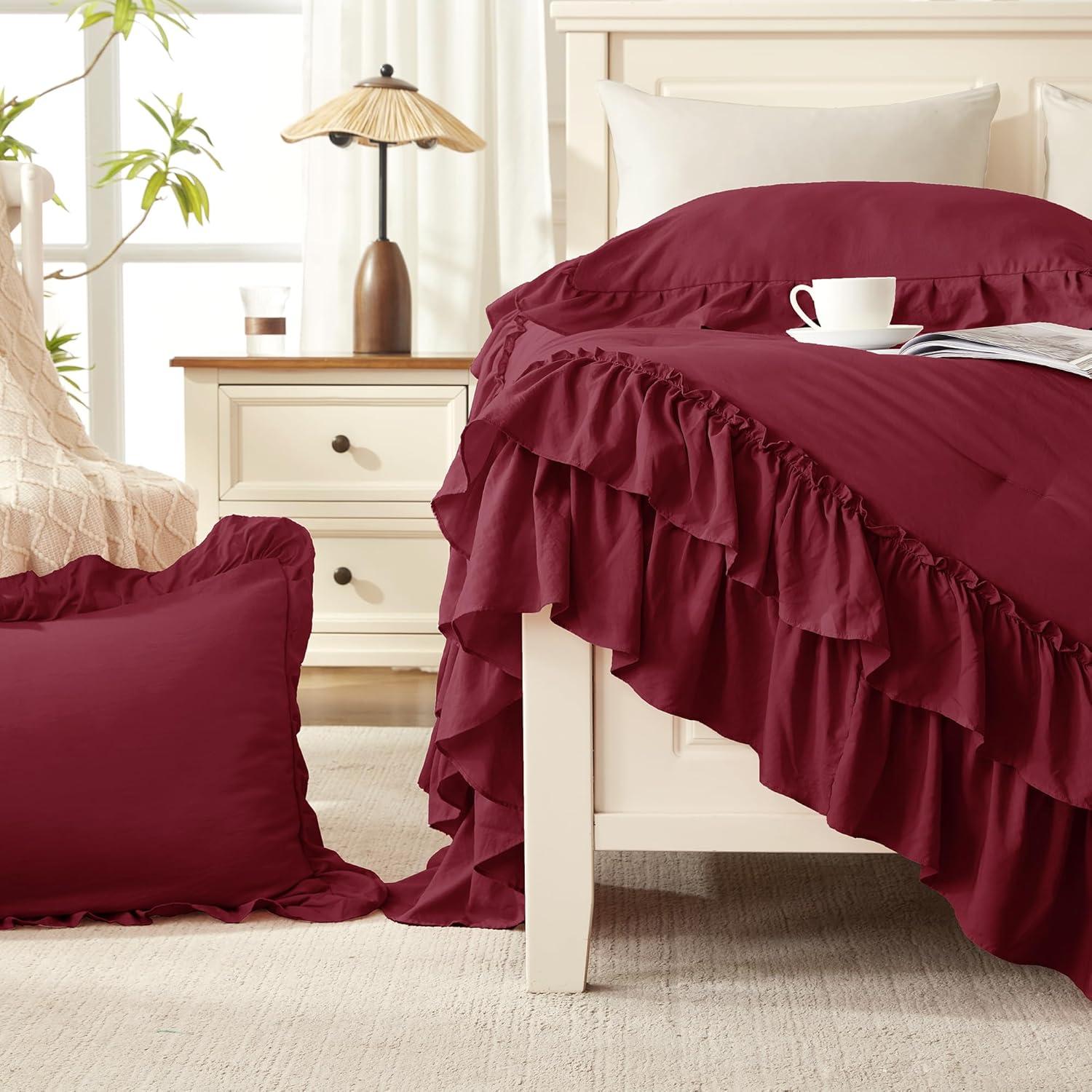 imageAndency White Ruffle Comforter Full Set 3pcs Vintage Farmhouse Shabby Chic Bedding Comforter Set Soft Lightweight Fluffy Bed Comforter Sets All Season Bedding SetBurgundy
