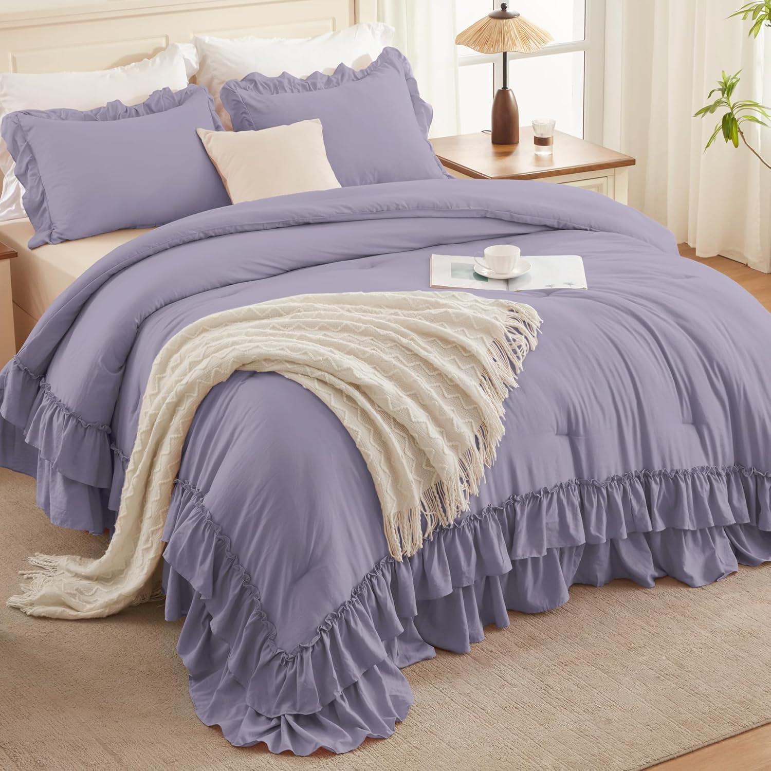 imageAndency White Ruffle Comforter Full Set 3pcs Vintage Farmhouse Shabby Chic Bedding Comforter Set Soft Lightweight Fluffy Bed Comforter Sets All Season Bedding SetGrayish Purple