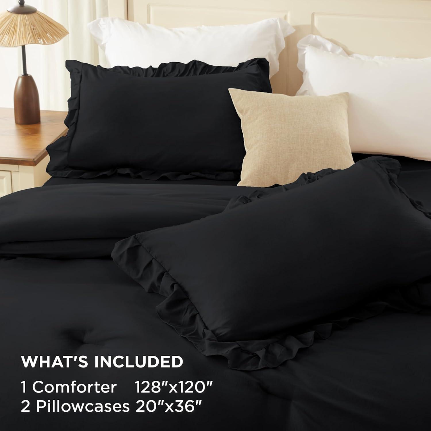 imageAndency White Ruffle Comforter Full Set 3pcs Vintage Farmhouse Shabby Chic Bedding Comforter Set Soft Lightweight Fluffy Bed Comforter Sets All Season Bedding SetBlack