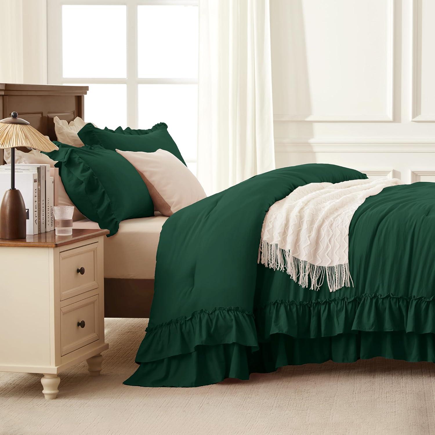 imageAndency White Ruffle Comforter Full Set 3pcs Vintage Farmhouse Shabby Chic Bedding Comforter Set Soft Lightweight Fluffy Bed Comforter Sets All Season Bedding SetDark Green