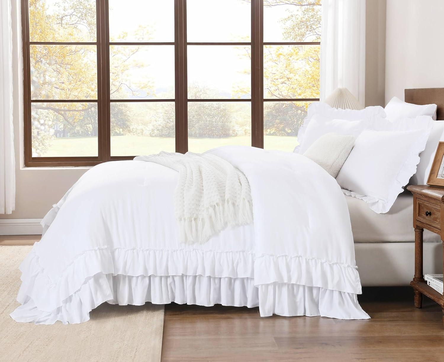 imageAndency White Ruffle Comforter Full Set 3pcs Vintage Farmhouse Shabby Chic Bedding Comforter Set Soft Lightweight Fluffy Bed Comforter Sets All Season Bedding SetWhite