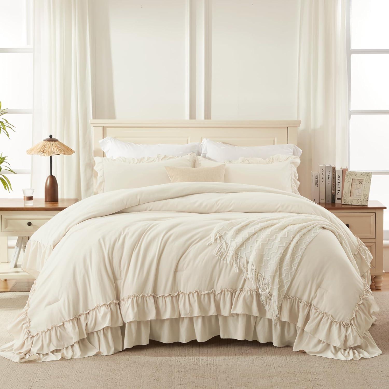 imageAndency White Ruffle Comforter Full Set 3pcs Vintage Farmhouse Shabby Chic Bedding Comforter Set Soft Lightweight Fluffy Bed Comforter Sets All Season Bedding SetBeige