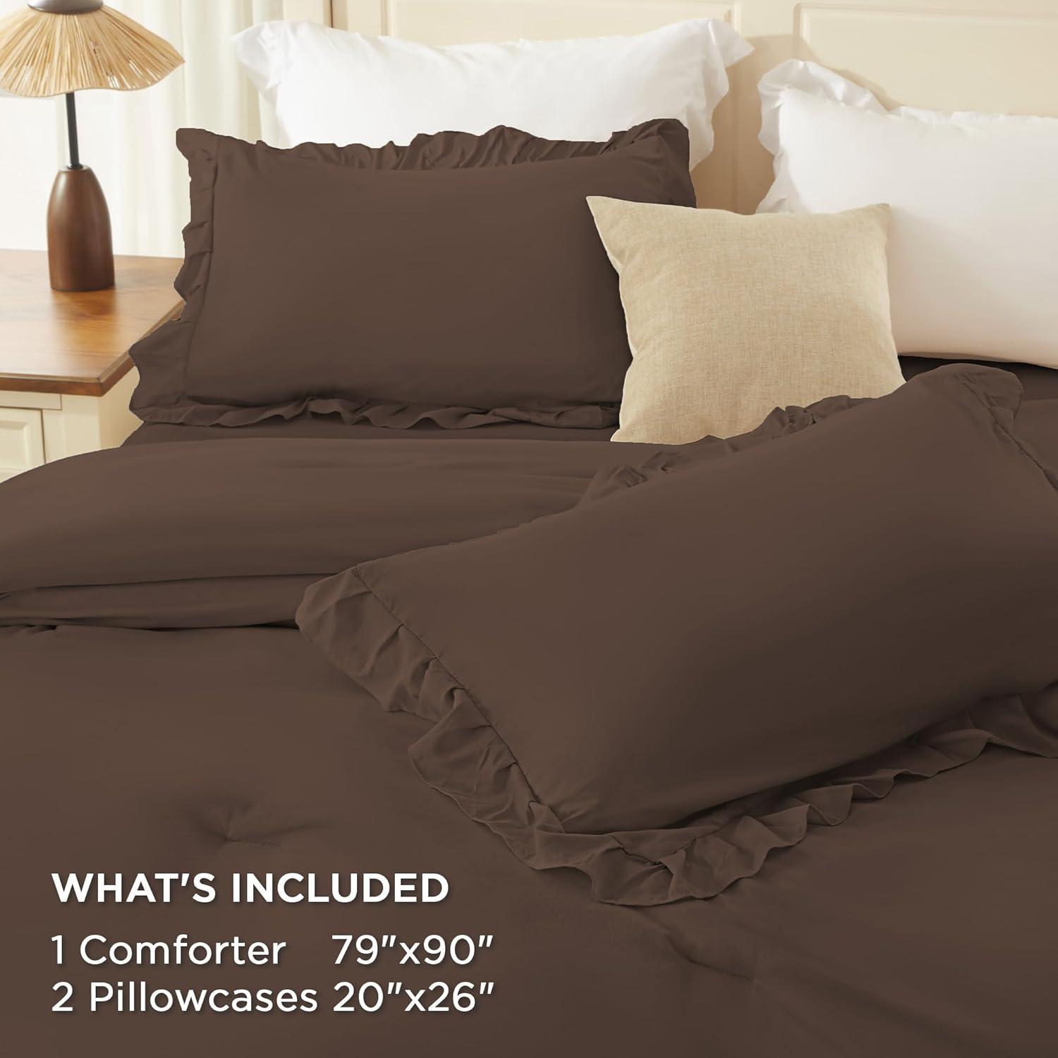 imageAndency White Ruffle Comforter Full Set 3pcs Vintage Farmhouse Shabby Chic Bedding Comforter Set Soft Lightweight Fluffy Bed Comforter Sets All Season Bedding SetBrown