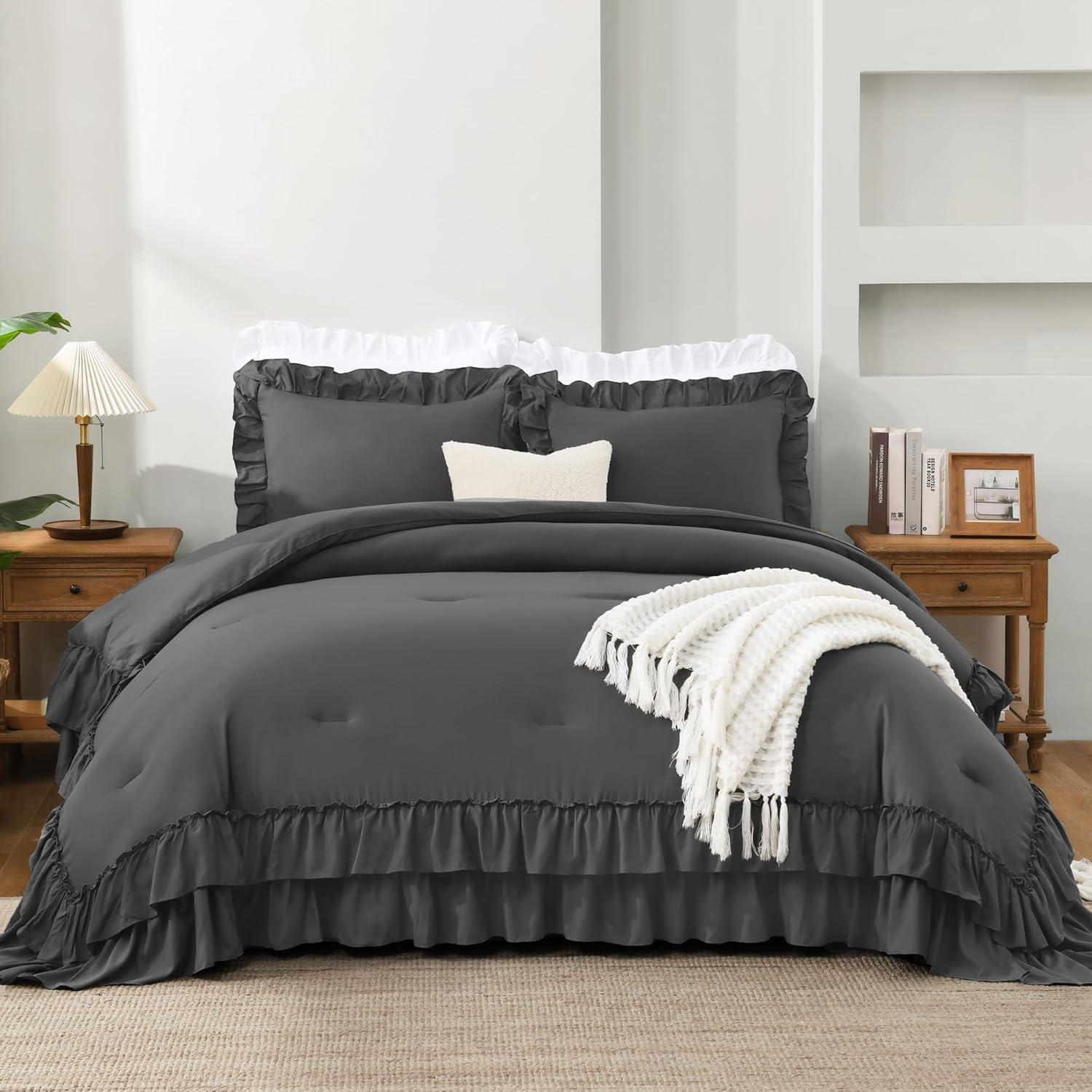 imageAndency White Ruffle Comforter Full Set 3pcs Vintage Farmhouse Shabby Chic Bedding Comforter Set Soft Lightweight Fluffy Bed Comforter Sets All Season Bedding SetDark Grey