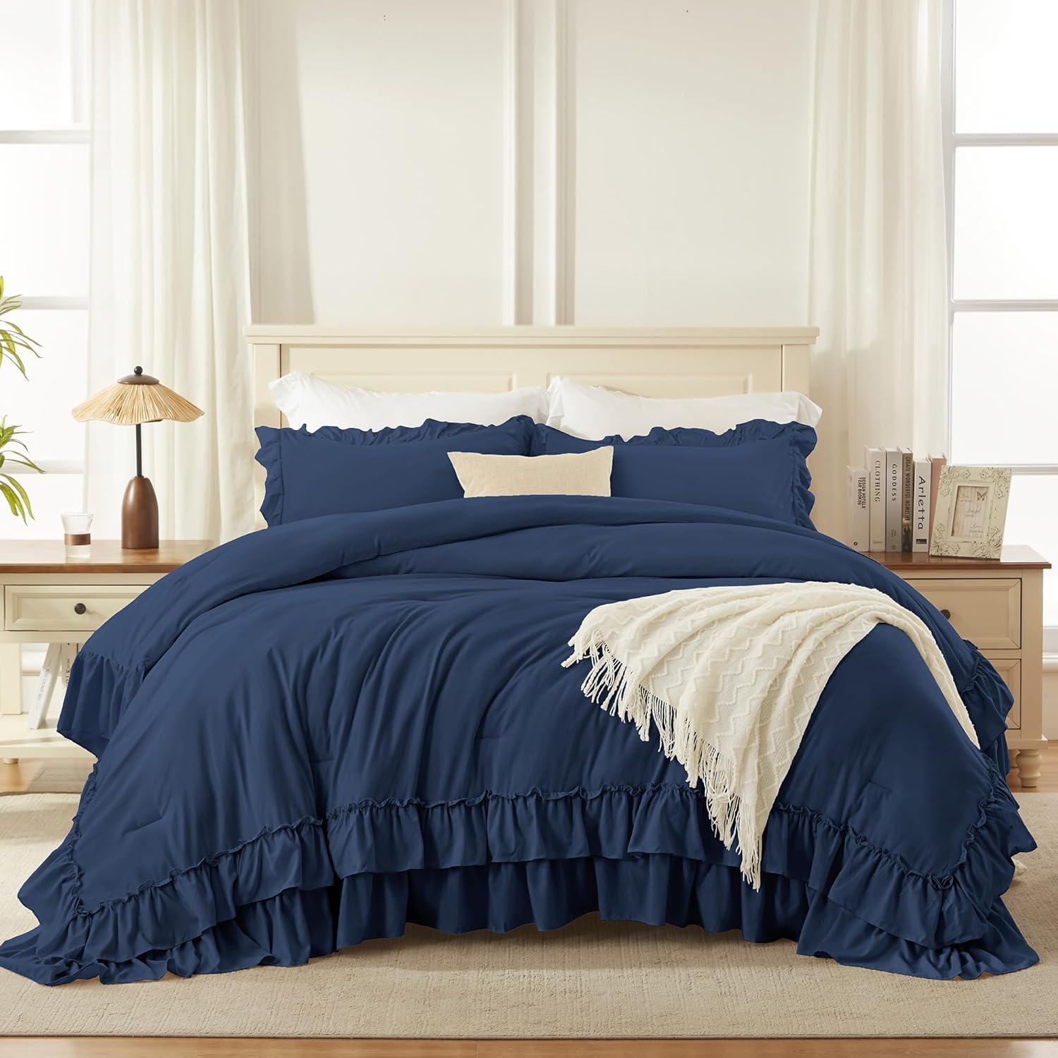 imageAndency White Ruffle Comforter Full Set 3pcs Vintage Farmhouse Shabby Chic Bedding Comforter Set Soft Lightweight Fluffy Bed Comforter Sets All Season Bedding SetNavy