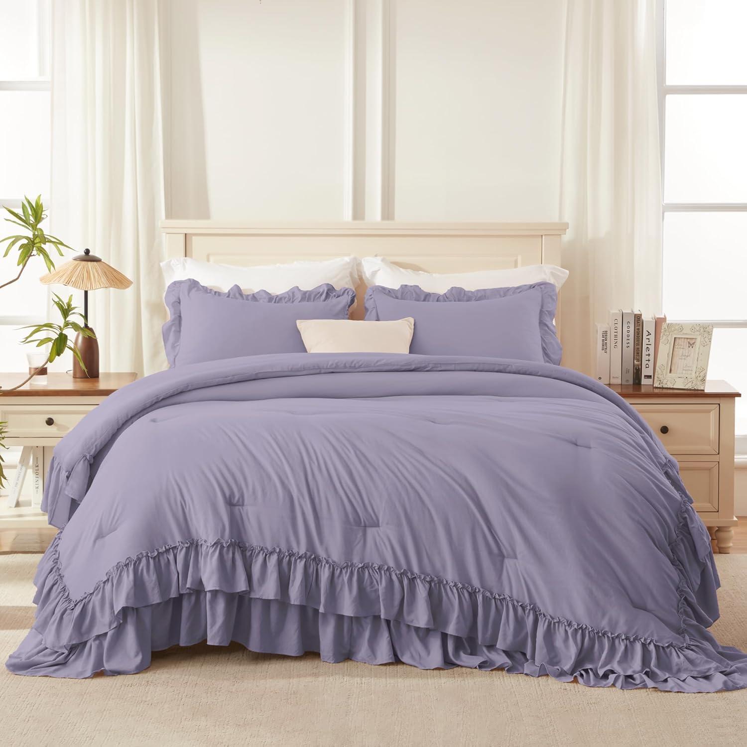 imageAndency White Ruffle Comforter Full Set 3pcs Vintage Farmhouse Shabby Chic Bedding Comforter Set Soft Lightweight Fluffy Bed Comforter Sets All Season Bedding SetGrayish Purple