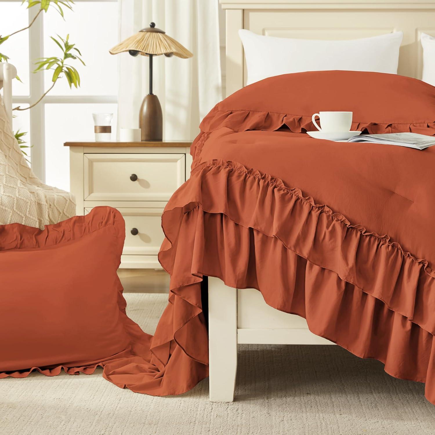 imageAndency White Ruffle Comforter Full Set 3pcs Vintage Farmhouse Shabby Chic Bedding Comforter Set Soft Lightweight Fluffy Bed Comforter Sets All Season Bedding SetTerracotta