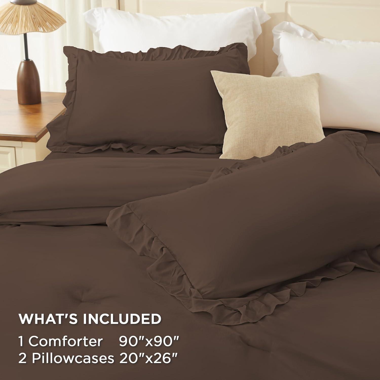 imageAndency White Ruffle Comforter Full Set 3pcs Vintage Farmhouse Shabby Chic Bedding Comforter Set Soft Lightweight Fluffy Bed Comforter Sets All Season Bedding SetBrown