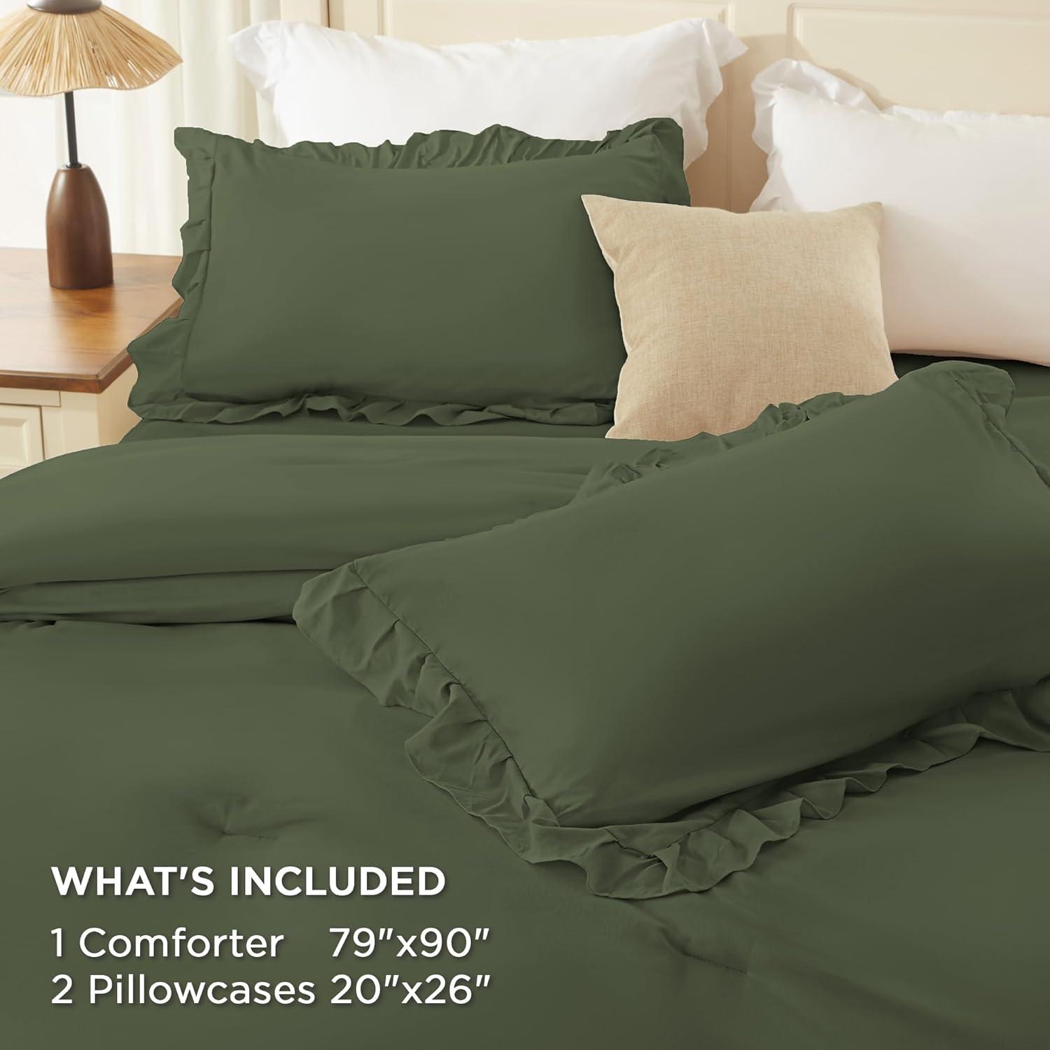 imageAndency White Ruffle Comforter Full Set 3pcs Vintage Farmhouse Shabby Chic Bedding Comforter Set Soft Lightweight Fluffy Bed Comforter Sets All Season Bedding SetOlive