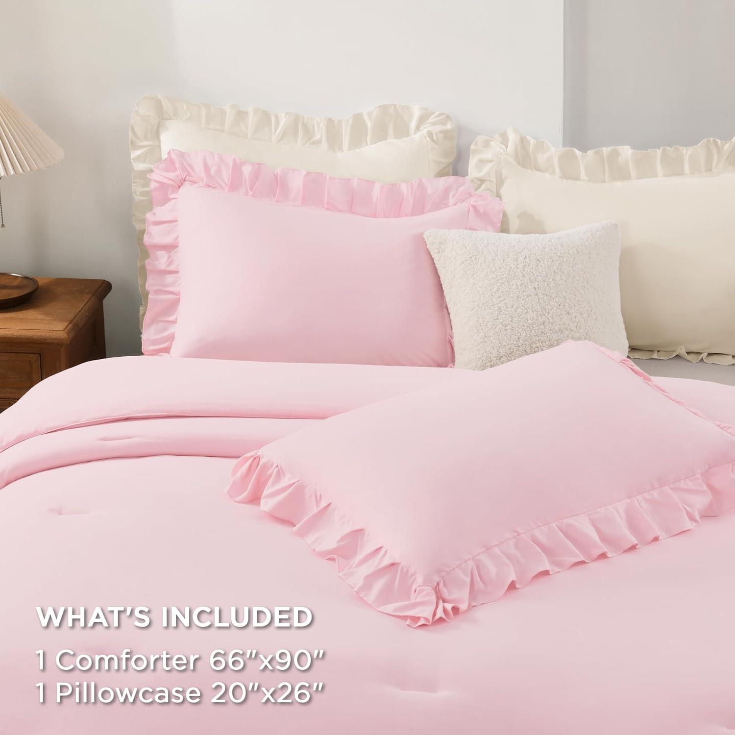 imageAndency White Ruffle Comforter Full Set 3pcs Vintage Farmhouse Shabby Chic Bedding Comforter Set Soft Lightweight Fluffy Bed Comforter Sets All Season Bedding SetPink