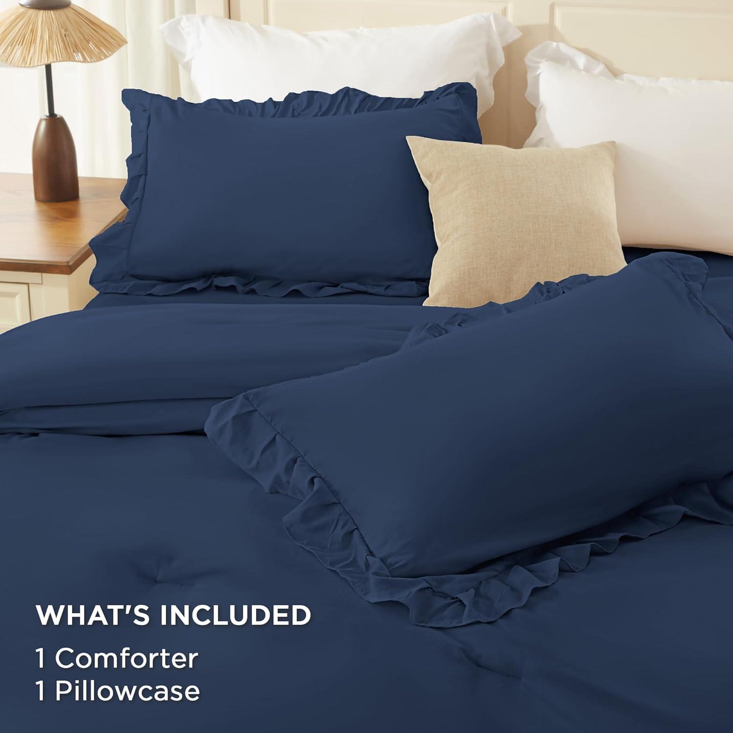 imageAndency White Ruffle Comforter Full Set 3pcs Vintage Farmhouse Shabby Chic Bedding Comforter Set Soft Lightweight Fluffy Bed Comforter Sets All Season Bedding SetNavy