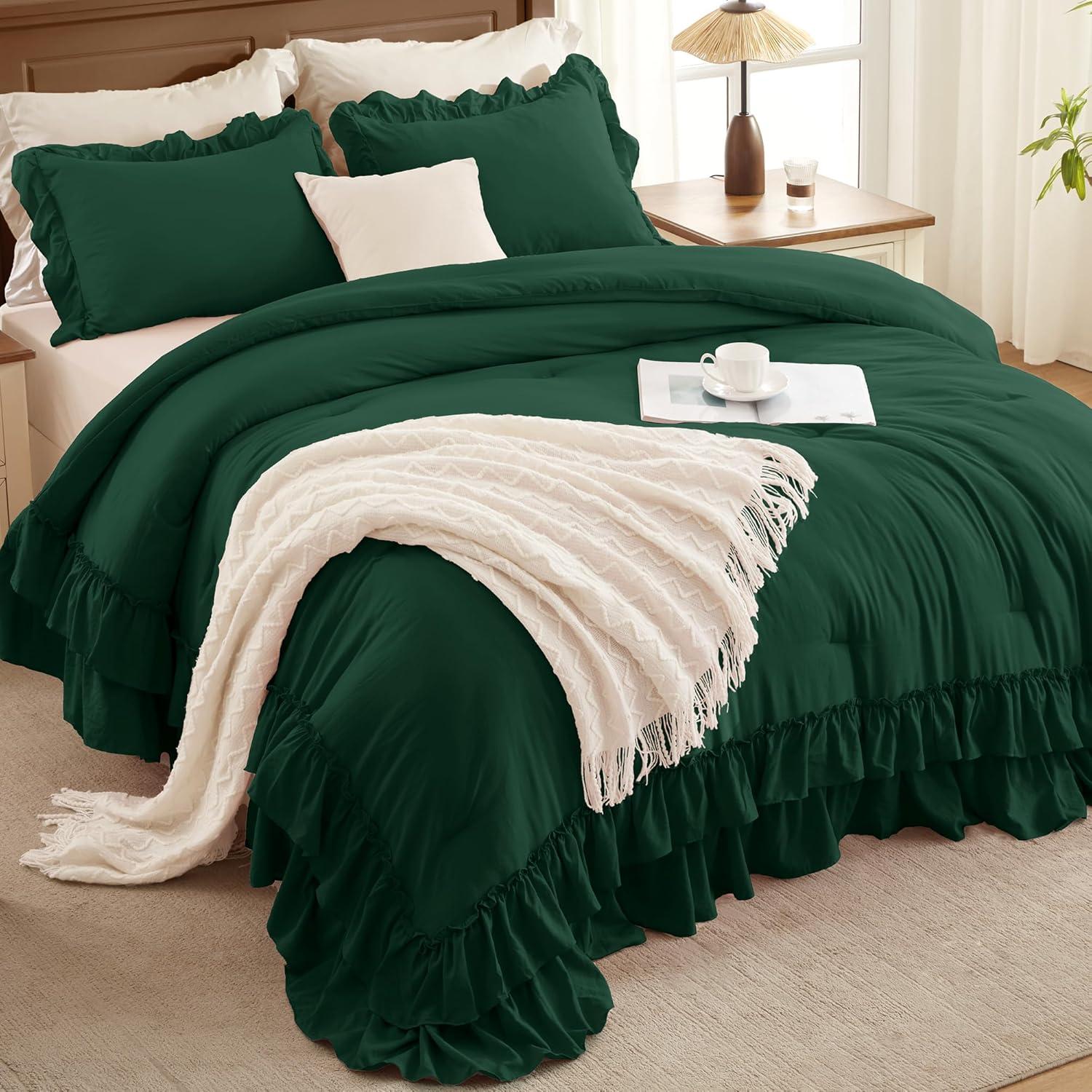 imageAndency White Ruffle Comforter Full Set 3pcs Vintage Farmhouse Shabby Chic Bedding Comforter Set Soft Lightweight Fluffy Bed Comforter Sets All Season Bedding SetDark Green