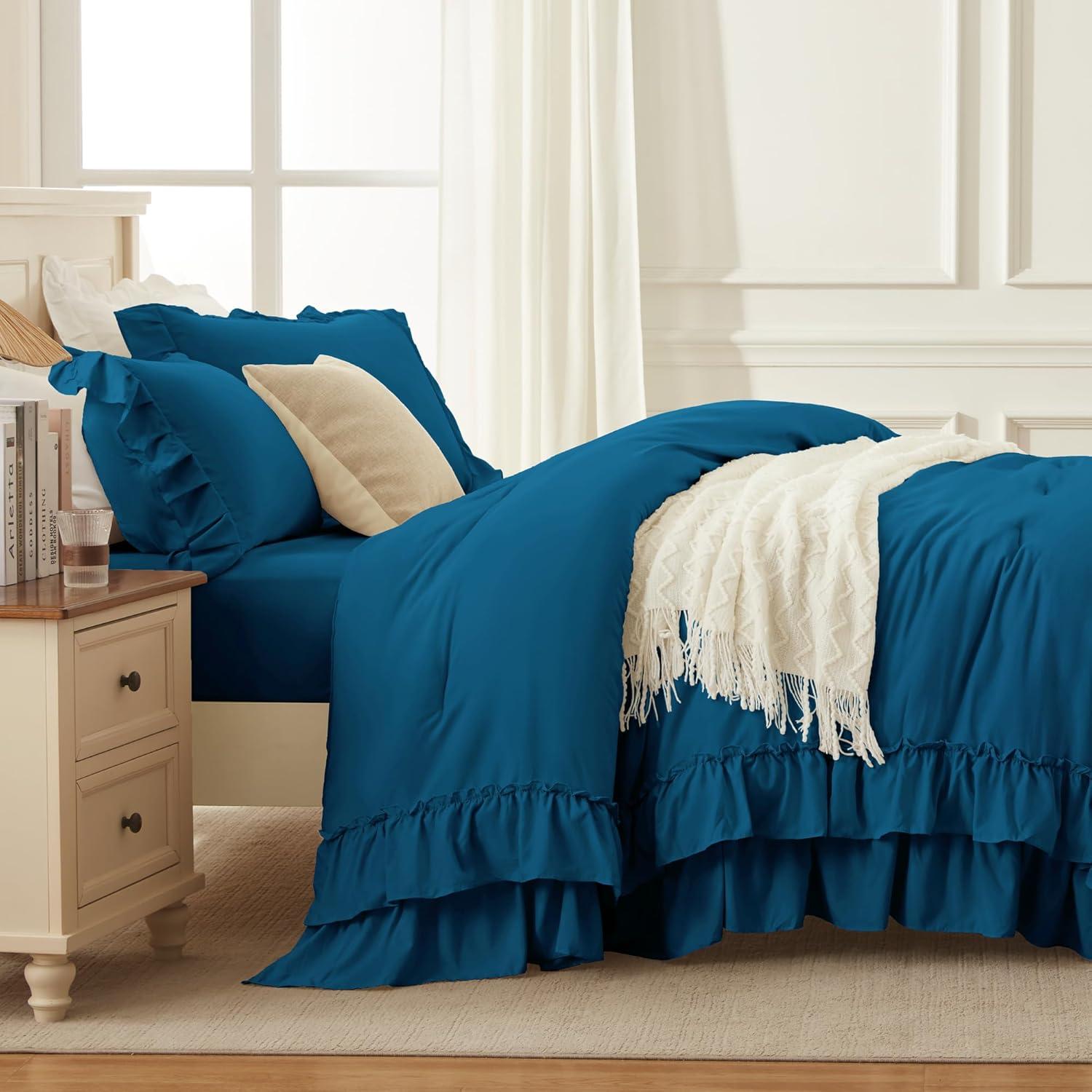 imageAndency White Ruffle Comforter Full Set 3pcs Vintage Farmhouse Shabby Chic Bedding Comforter Set Soft Lightweight Fluffy Bed Comforter Sets All Season Bedding SetTeal