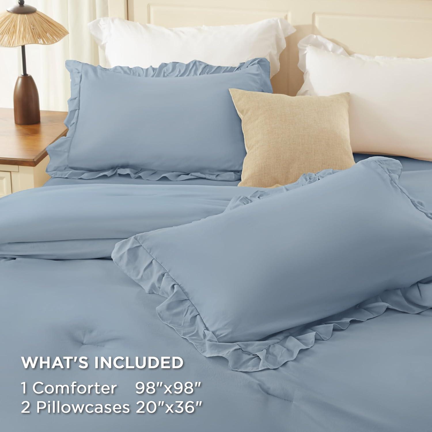 imageAndency White Ruffle Comforter Full Set 3pcs Vintage Farmhouse Shabby Chic Bedding Comforter Set Soft Lightweight Fluffy Bed Comforter Sets All Season Bedding SetGrayish Blue