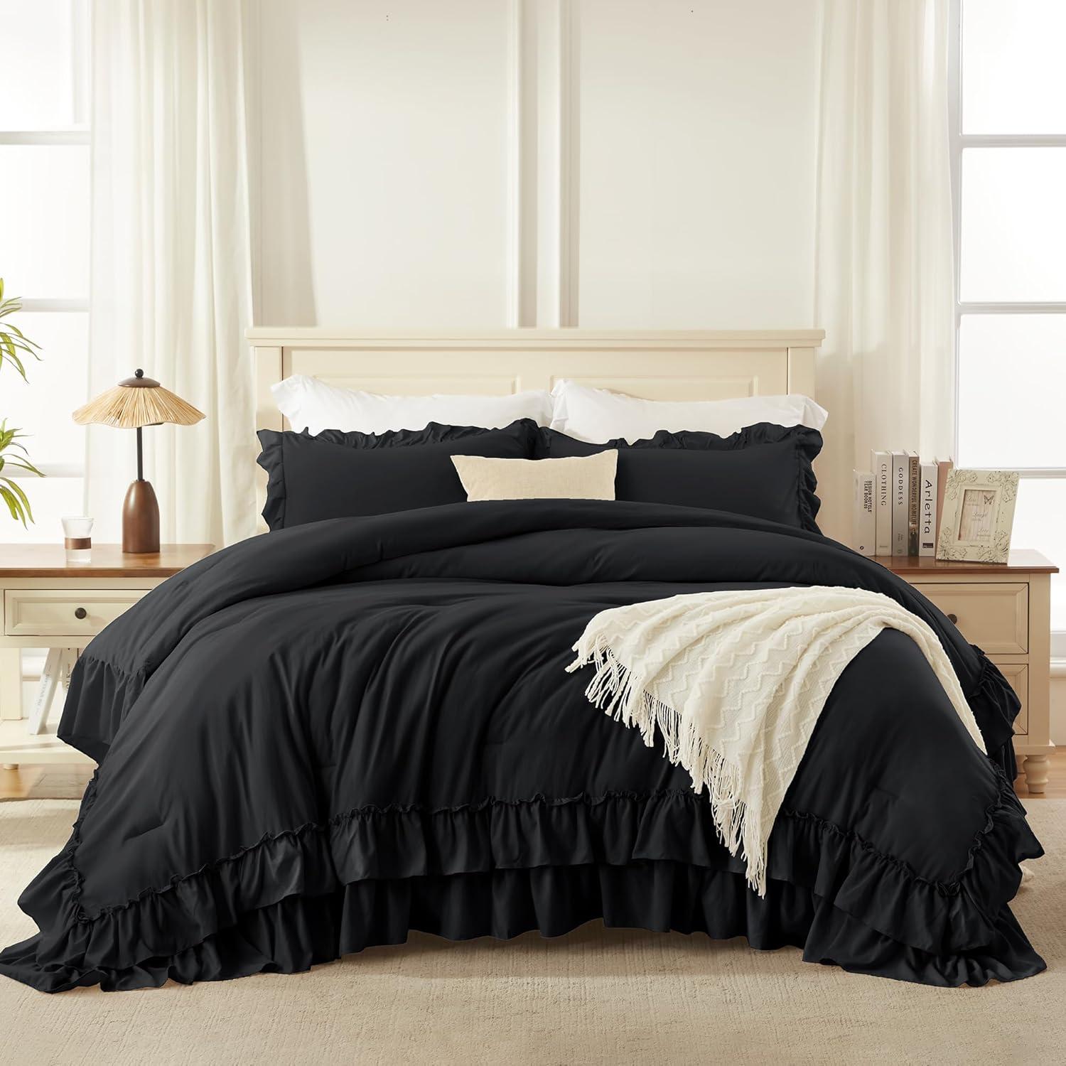 imageAndency White Ruffle Comforter Full Set 3pcs Vintage Farmhouse Shabby Chic Bedding Comforter Set Soft Lightweight Fluffy Bed Comforter Sets All Season Bedding SetBlack