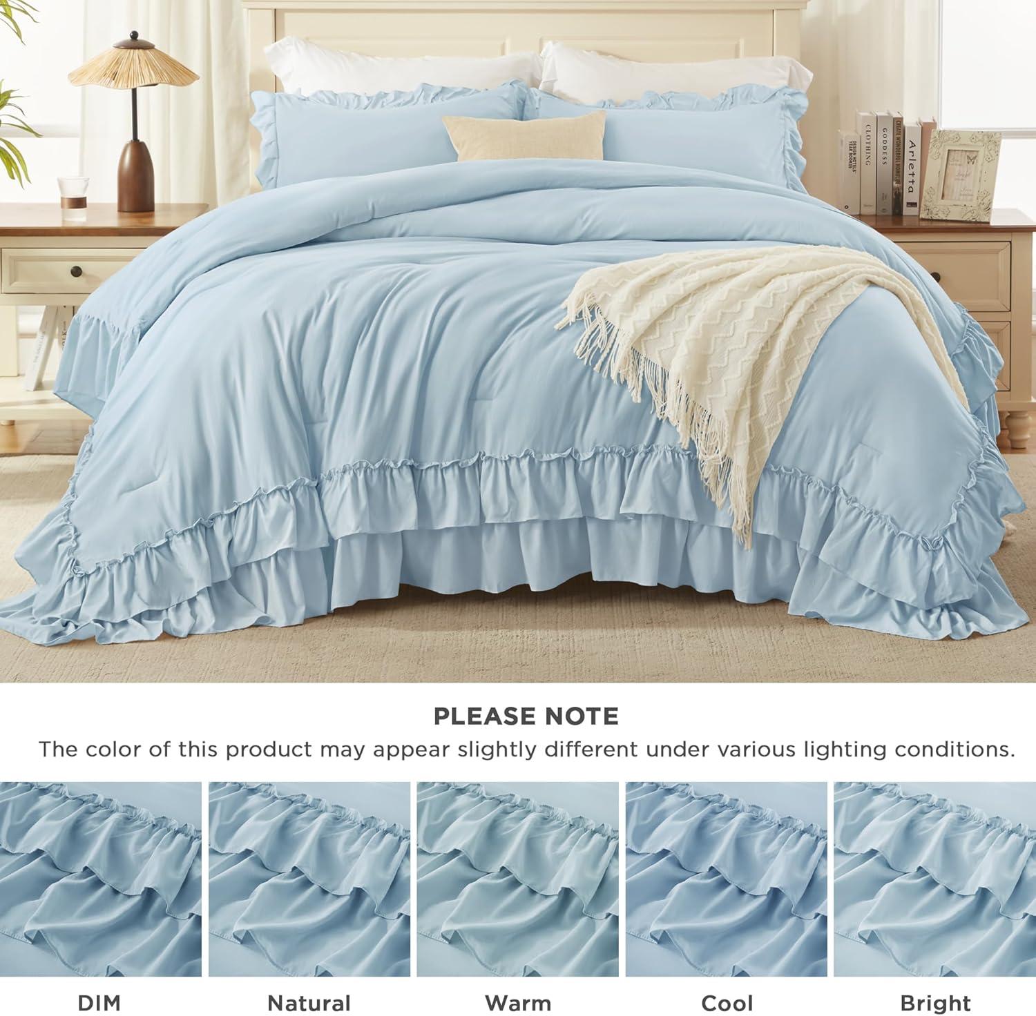 imageAndency White Ruffle Comforter Full Set 3pcs Vintage Farmhouse Shabby Chic Bedding Comforter Set Soft Lightweight Fluffy Bed Comforter Sets All Season Bedding SetLight Blue