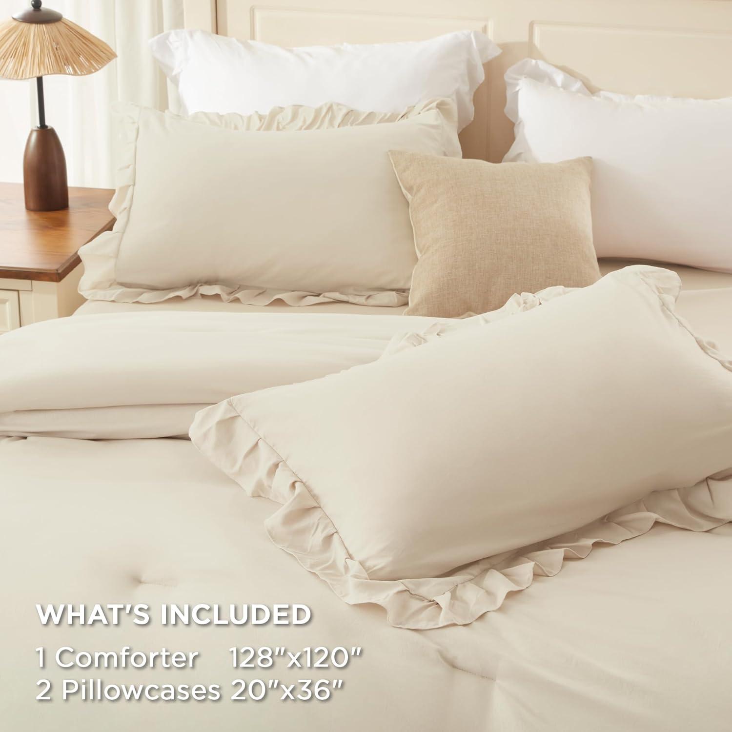 imageAndency White Ruffle Comforter Full Set 3pcs Vintage Farmhouse Shabby Chic Bedding Comforter Set Soft Lightweight Fluffy Bed Comforter Sets All Season Bedding SetBeige