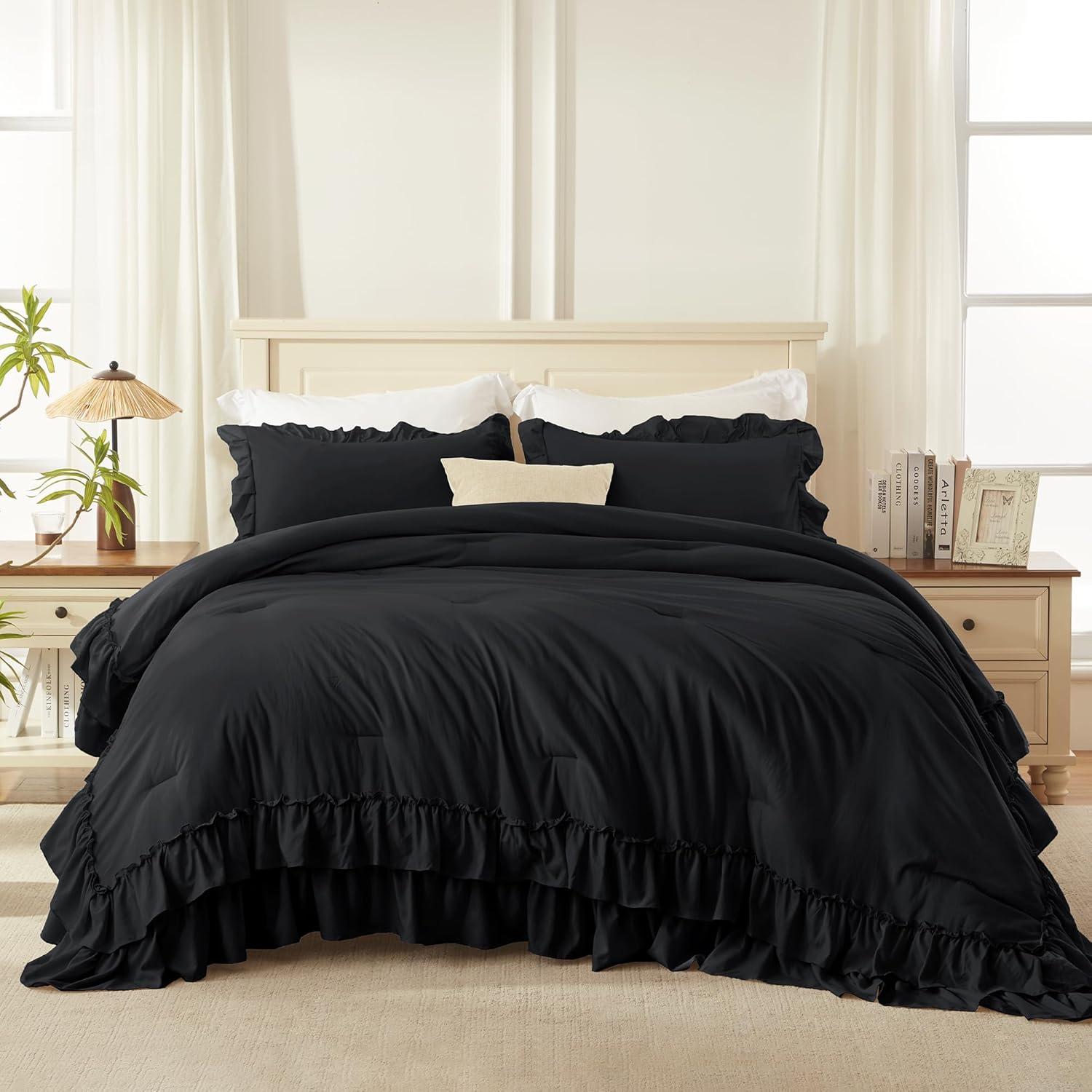 imageAndency White Ruffle Comforter Full Set 3pcs Vintage Farmhouse Shabby Chic Bedding Comforter Set Soft Lightweight Fluffy Bed Comforter Sets All Season Bedding SetBlack
