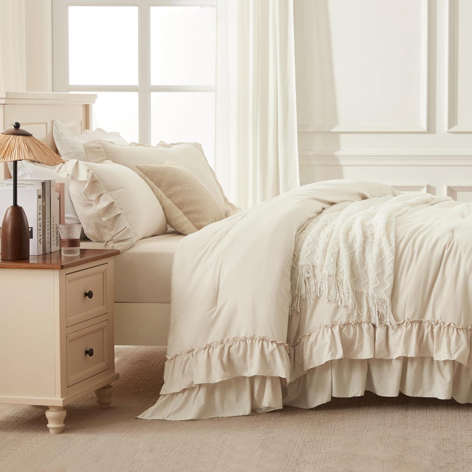 imageAndency White Ruffle Comforter Full Set 3pcs Vintage Farmhouse Shabby Chic Bedding Comforter Set Soft Lightweight Fluffy Bed Comforter Sets All Season Bedding SetBeige
