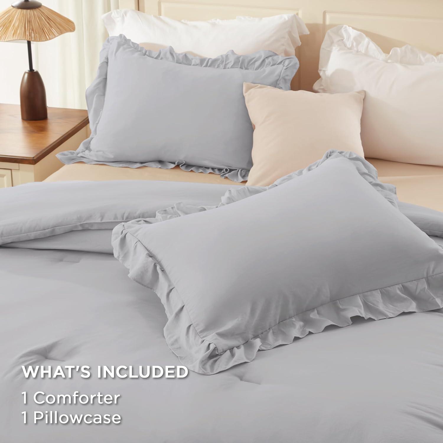 imageAndency White Ruffle Comforter Full Set 3pcs Vintage Farmhouse Shabby Chic Bedding Comforter Set Soft Lightweight Fluffy Bed Comforter Sets All Season Bedding SetLight Gray
