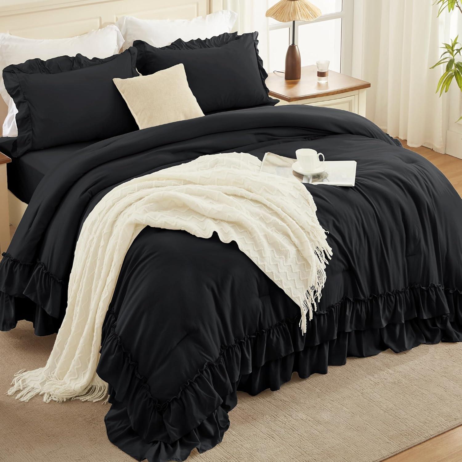 imageAndency White Ruffle Comforter Full Set 3pcs Vintage Farmhouse Shabby Chic Bedding Comforter Set Soft Lightweight Fluffy Bed Comforter Sets All Season Bedding SetBlack