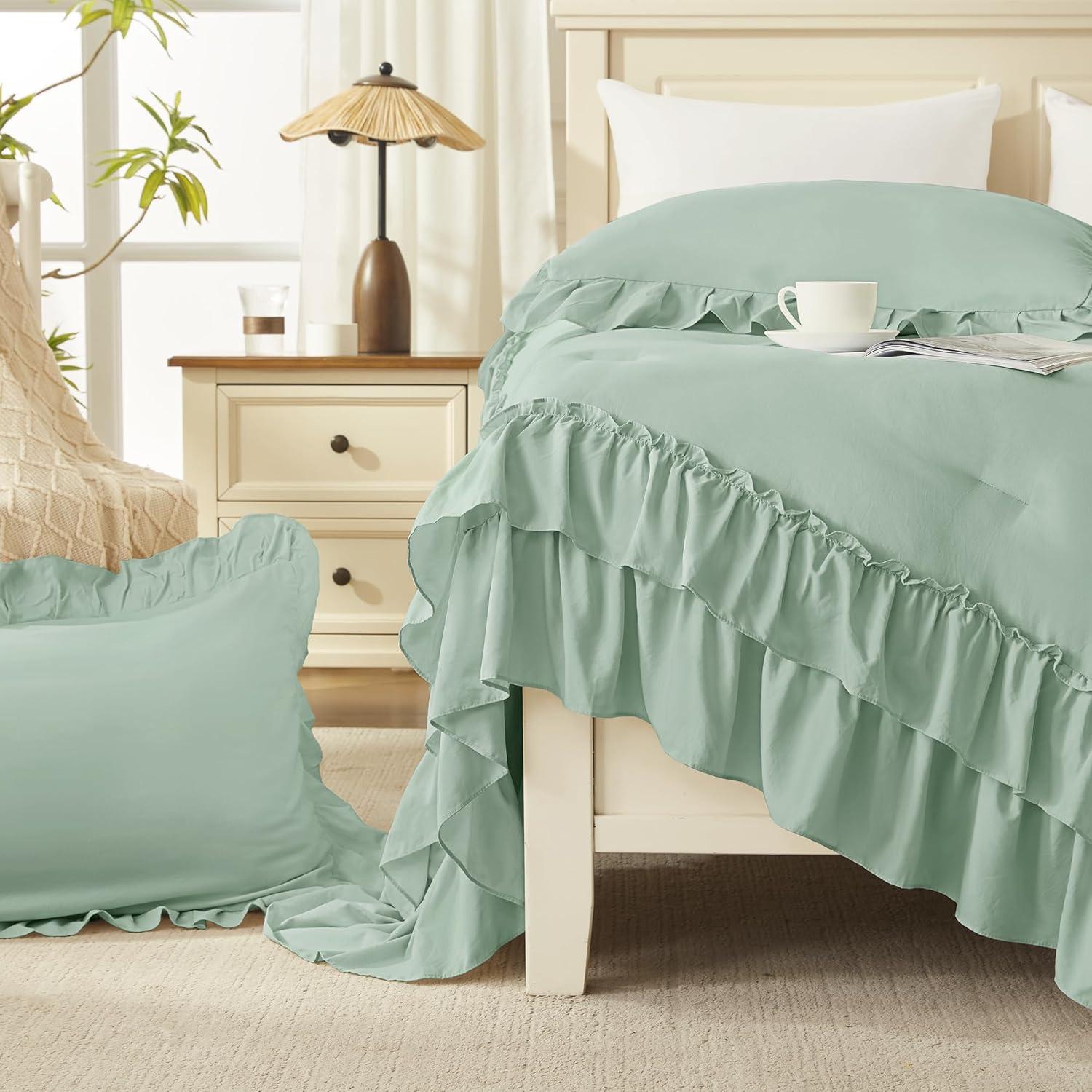 imageAndency White Ruffle Comforter Full Set 3pcs Vintage Farmhouse Shabby Chic Bedding Comforter Set Soft Lightweight Fluffy Bed Comforter Sets All Season Bedding SetSage
