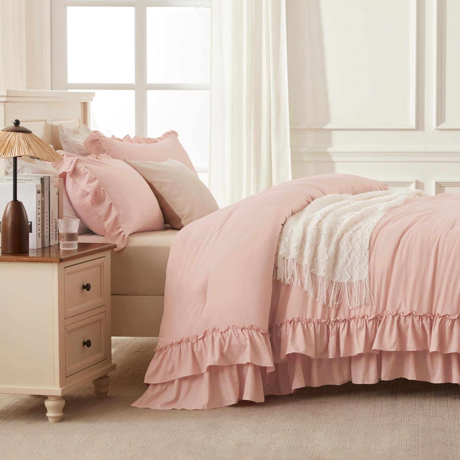 imageAndency White Ruffle Comforter Full Set 3pcs Vintage Farmhouse Shabby Chic Bedding Comforter Set Soft Lightweight Fluffy Bed Comforter Sets All Season Bedding SetBlush