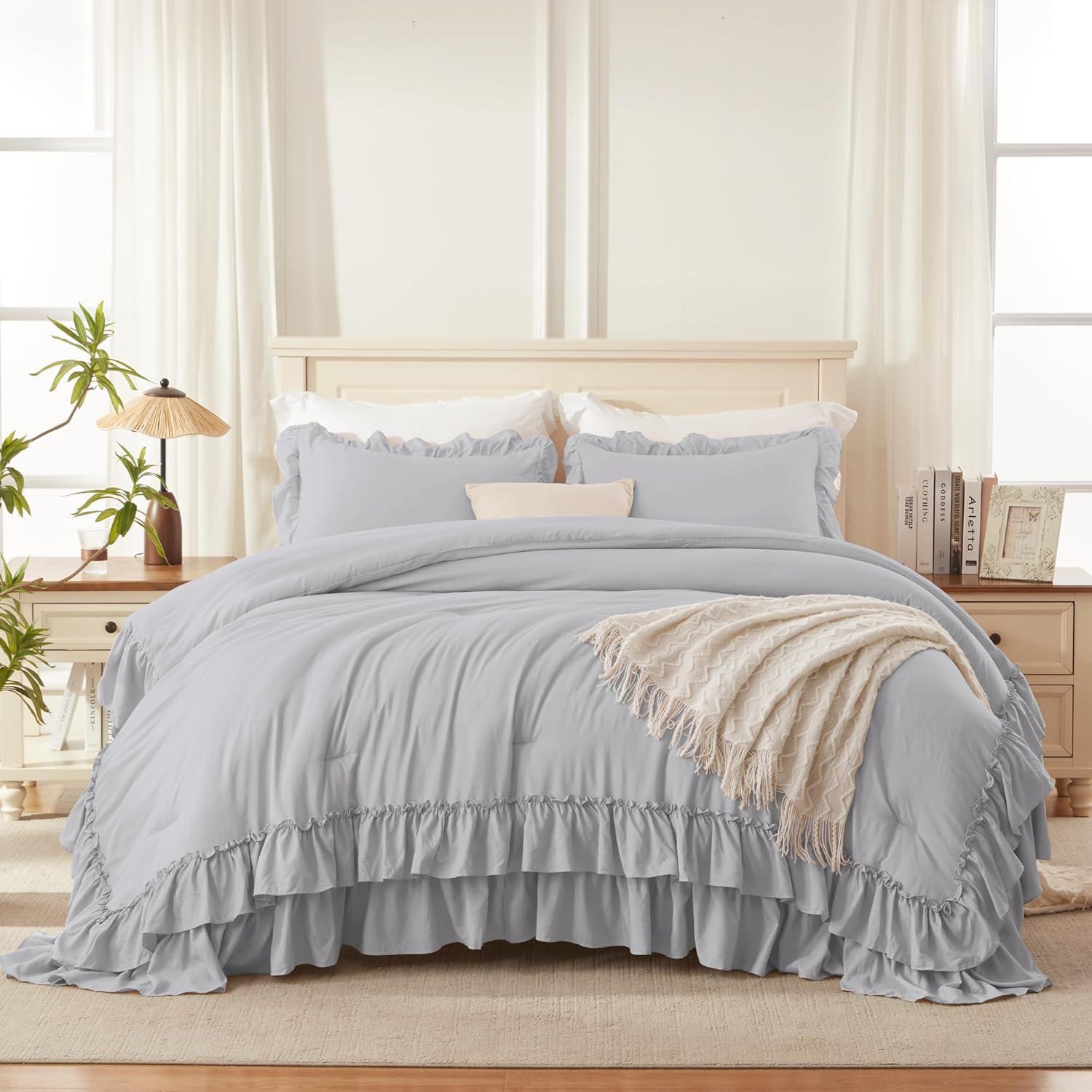 imageAndency White Ruffle Comforter Full Set 3pcs Vintage Farmhouse Shabby Chic Bedding Comforter Set Soft Lightweight Fluffy Bed Comforter Sets All Season Bedding SetLight Gray