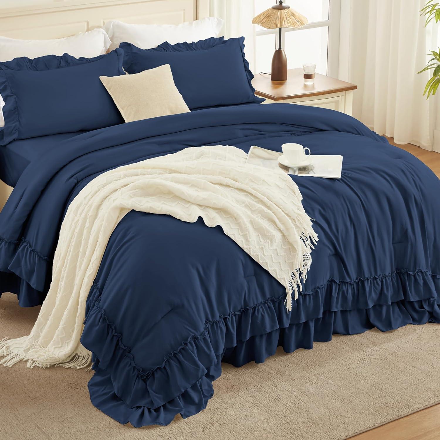 imageAndency White Ruffle Comforter Full Set 3pcs Vintage Farmhouse Shabby Chic Bedding Comforter Set Soft Lightweight Fluffy Bed Comforter Sets All Season Bedding SetNavy